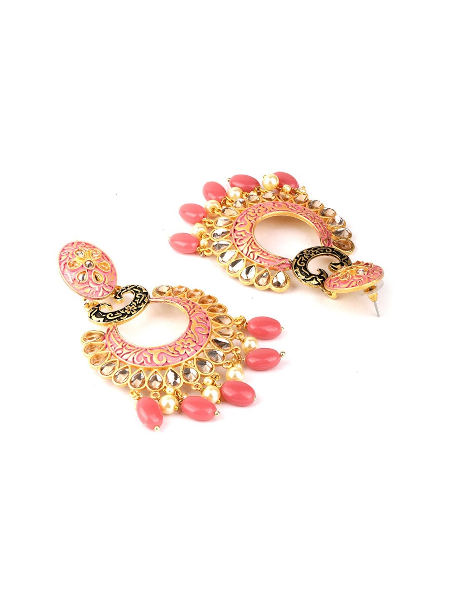 Priyaasi Kundan Studded and Beaded Meenakari Chand Bali Earrings