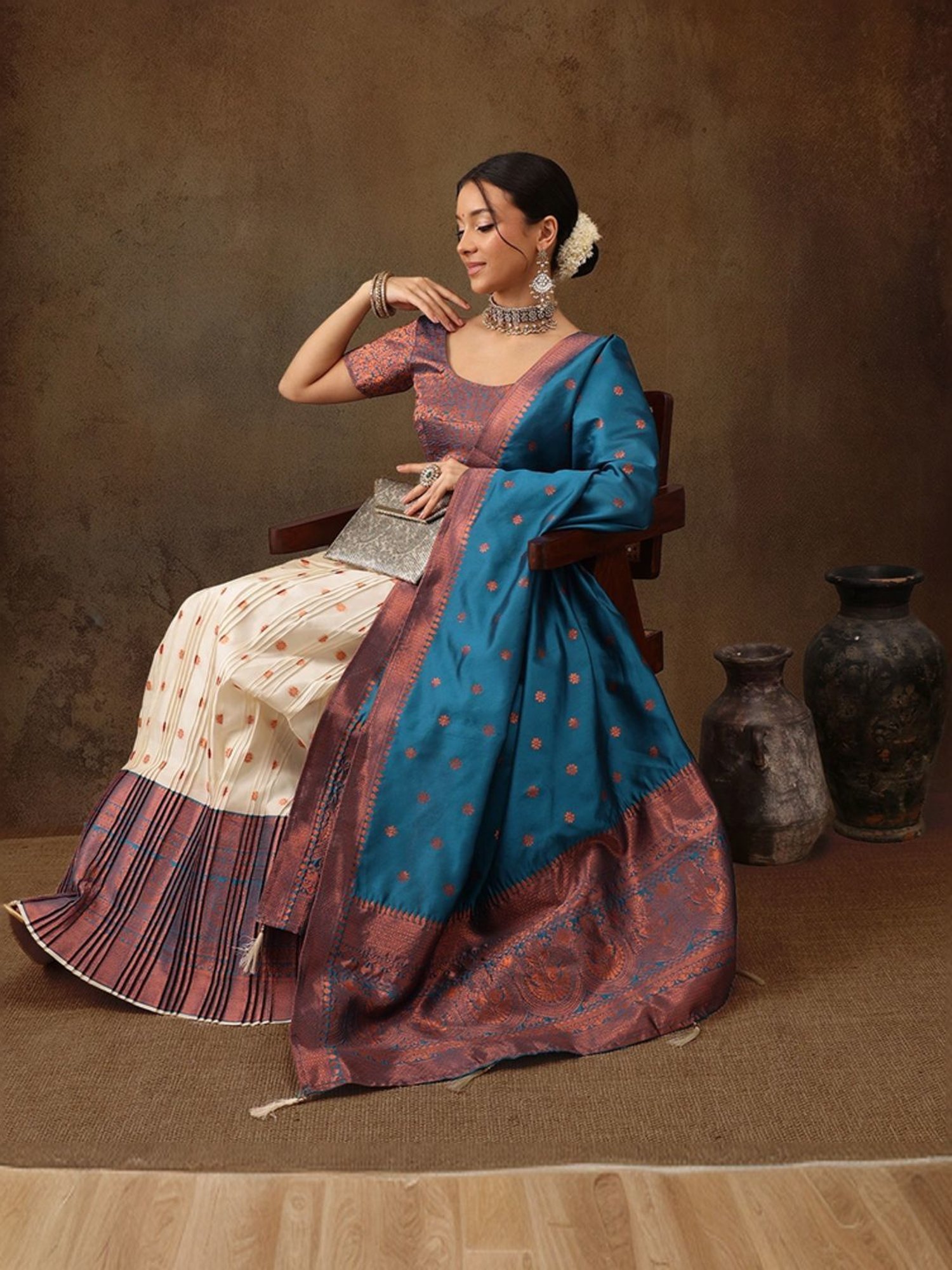 Silk Land Beige & Blue Woven Pattern Semi Stitched Lehenga Choli Set With Duppata