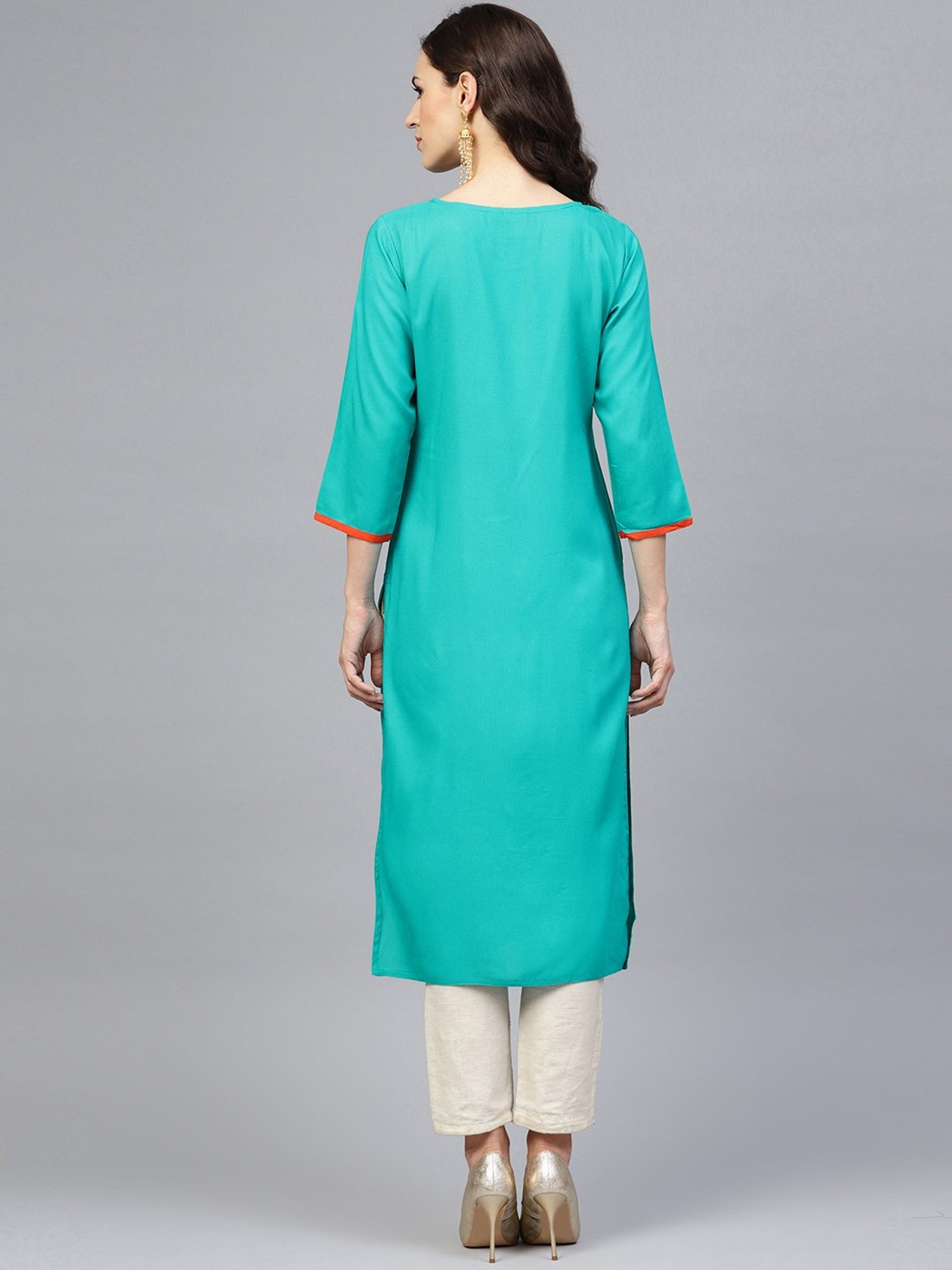 Geroo Jaipur Green Hand Embroidered Straight Rayon Kurta