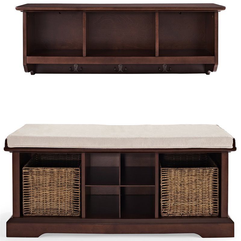 Wood 2 Piece Entryway Bench and Shelf Set in Mahogany brown--Bowery Hill