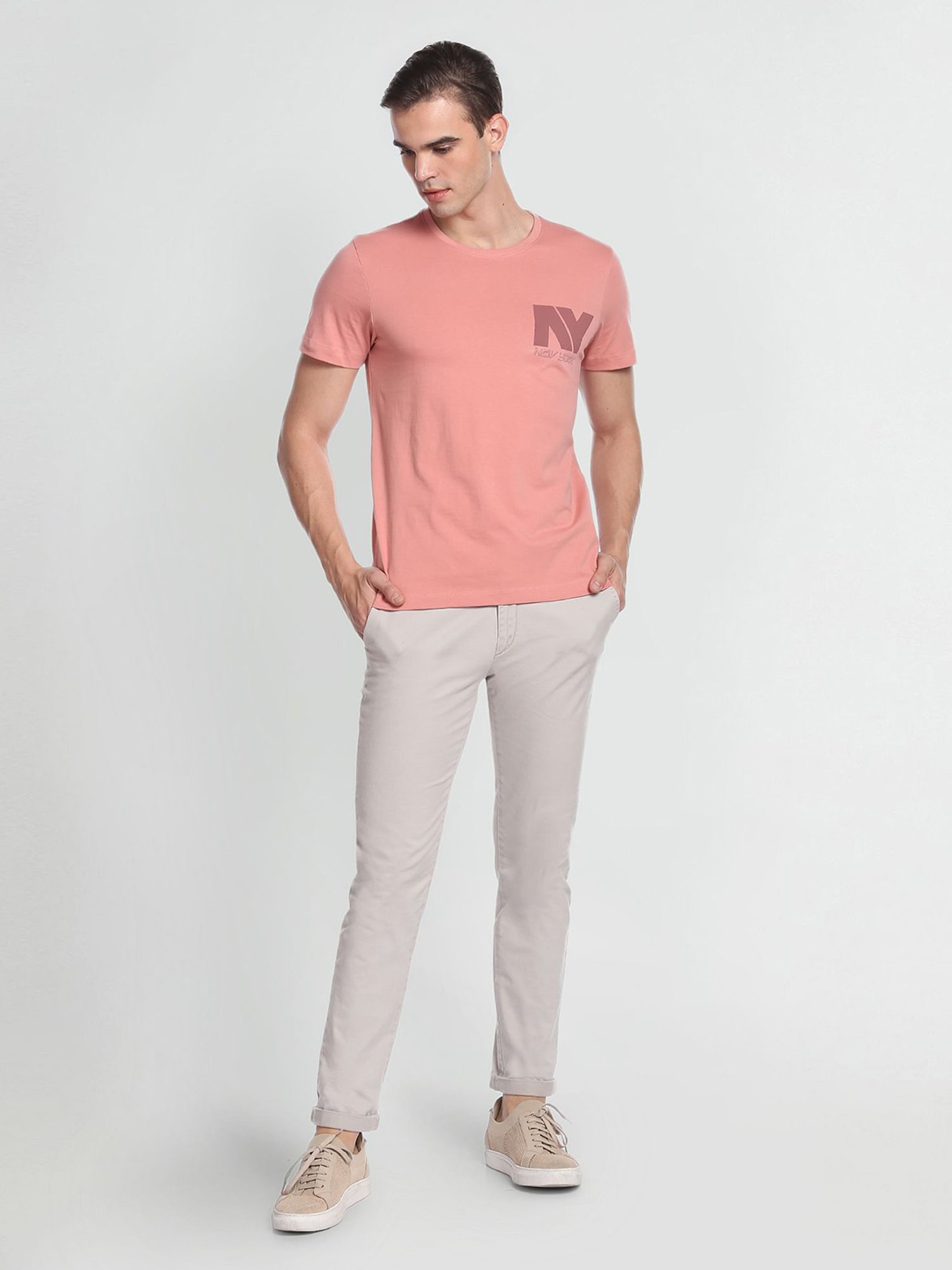 Arrow New York Dusty Pink Regular Fit Printed Cotton Crew T-Shirt