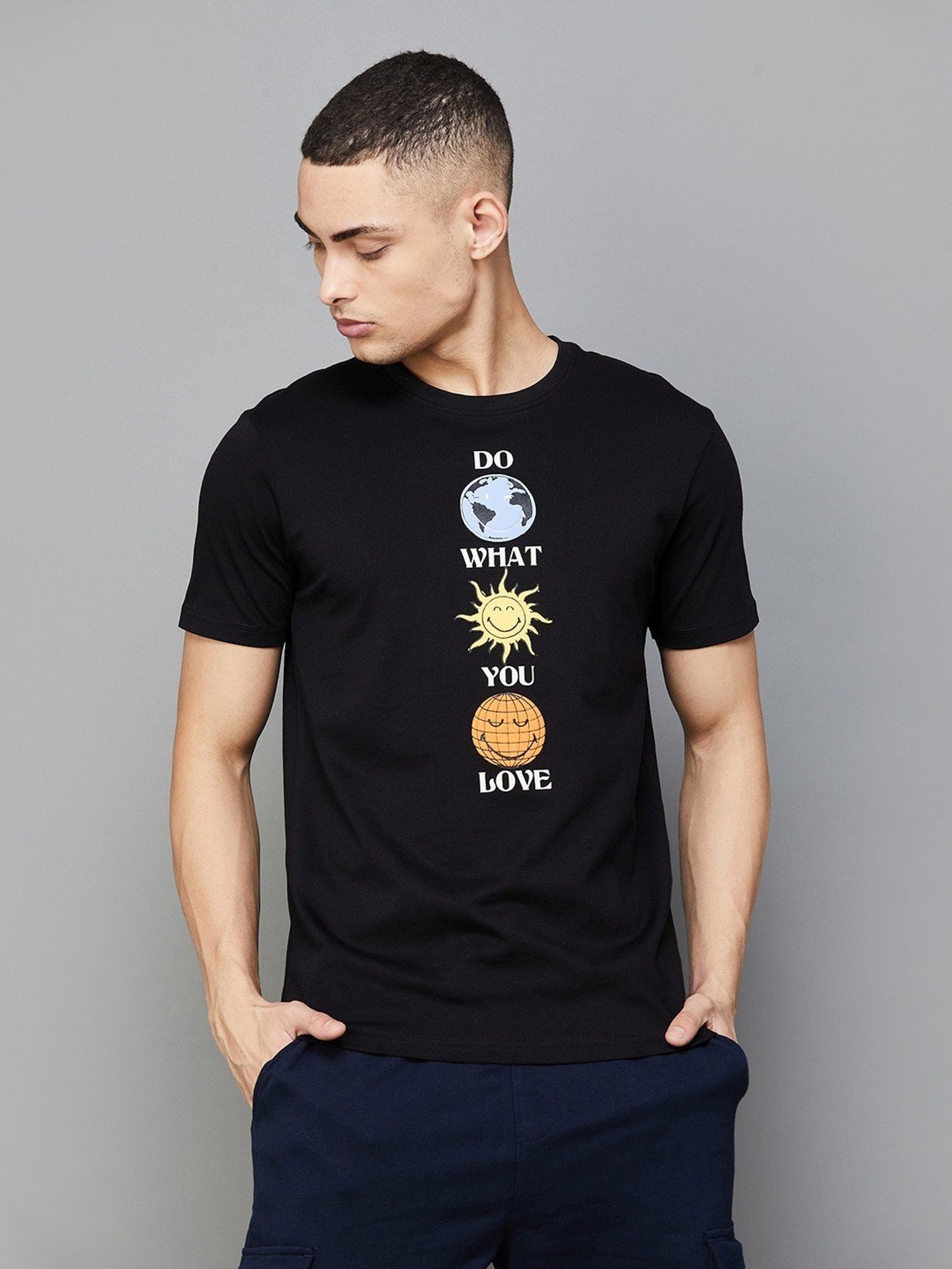 Smileyworld Black Cotton Regular Fit Printed T-Shirt