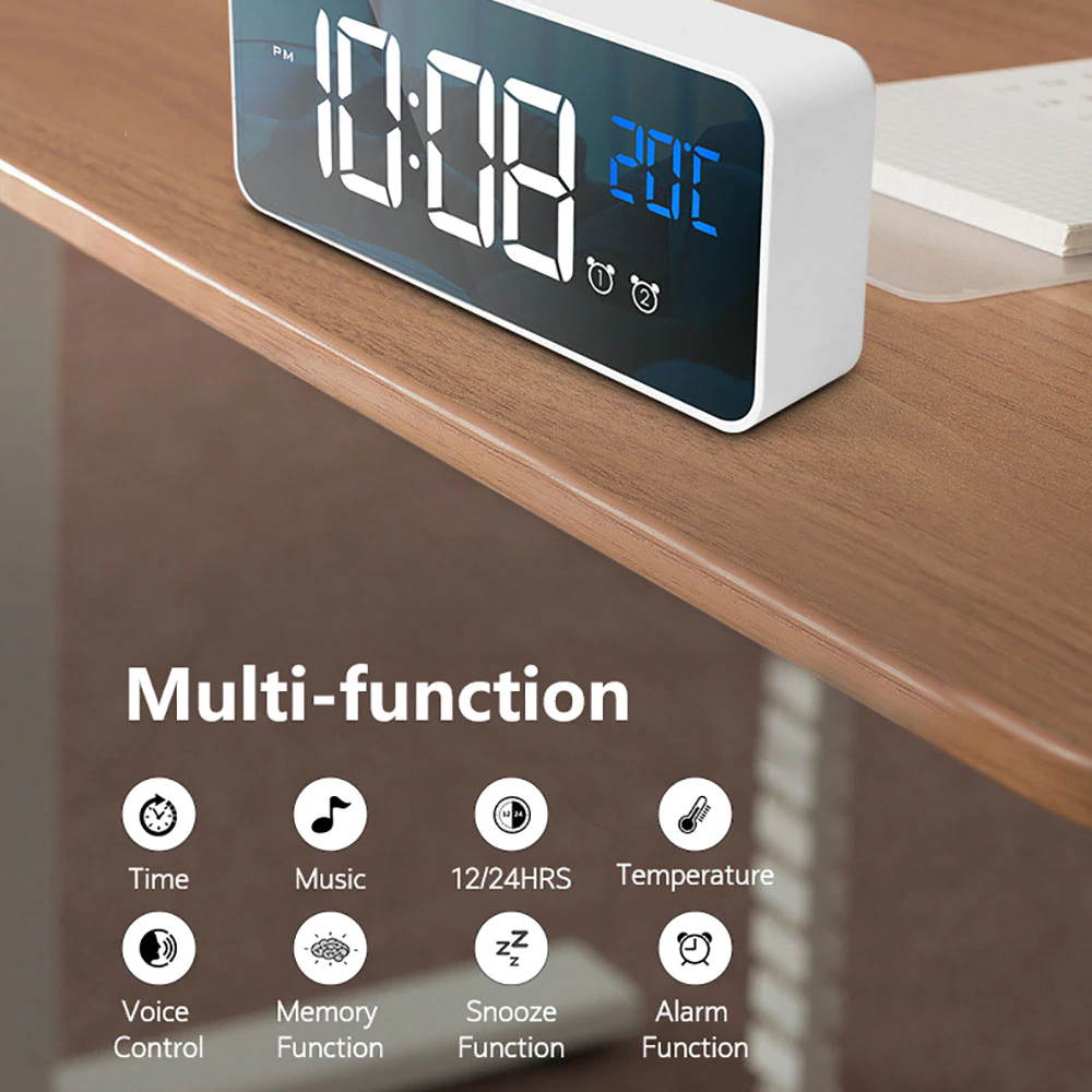 Mini Slim LED Mirror Display Voice Control Bedside Clock,4 Levels Adjustable Brightness Dimmer