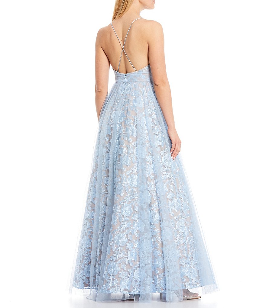 Aidan Aidan Mattox Plunging V-Neck Embroidered Mesh Overlay Ball Gown