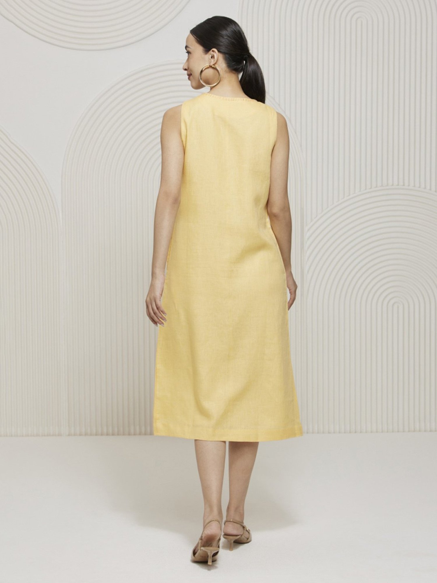 Artagai Yellow Kantha Relaxed Fit Dress with Bucket Neckline