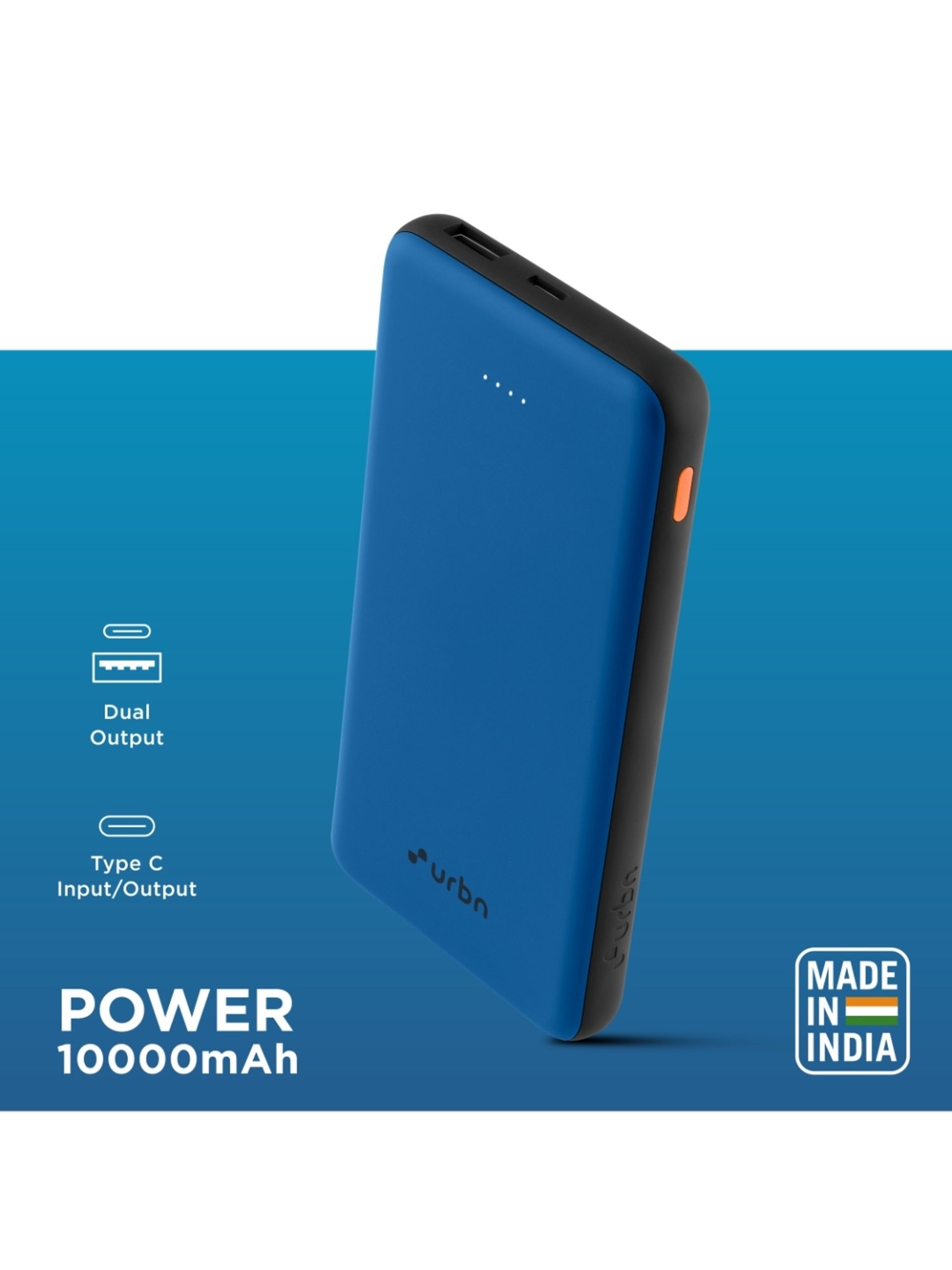 URBN 10000 mAh Ultra Slim 12W Power Bank with Type C Input-Output (Bright Blue)