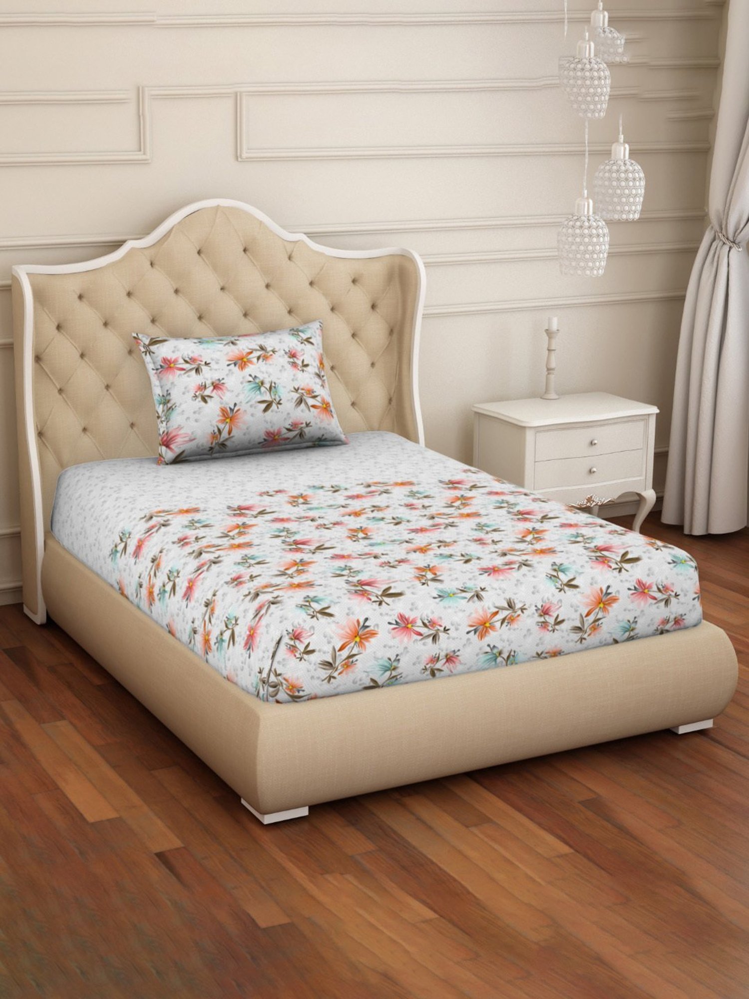 Welspun Floral Green 144 TC Cotton Single Bedsheet With Pillow Cover