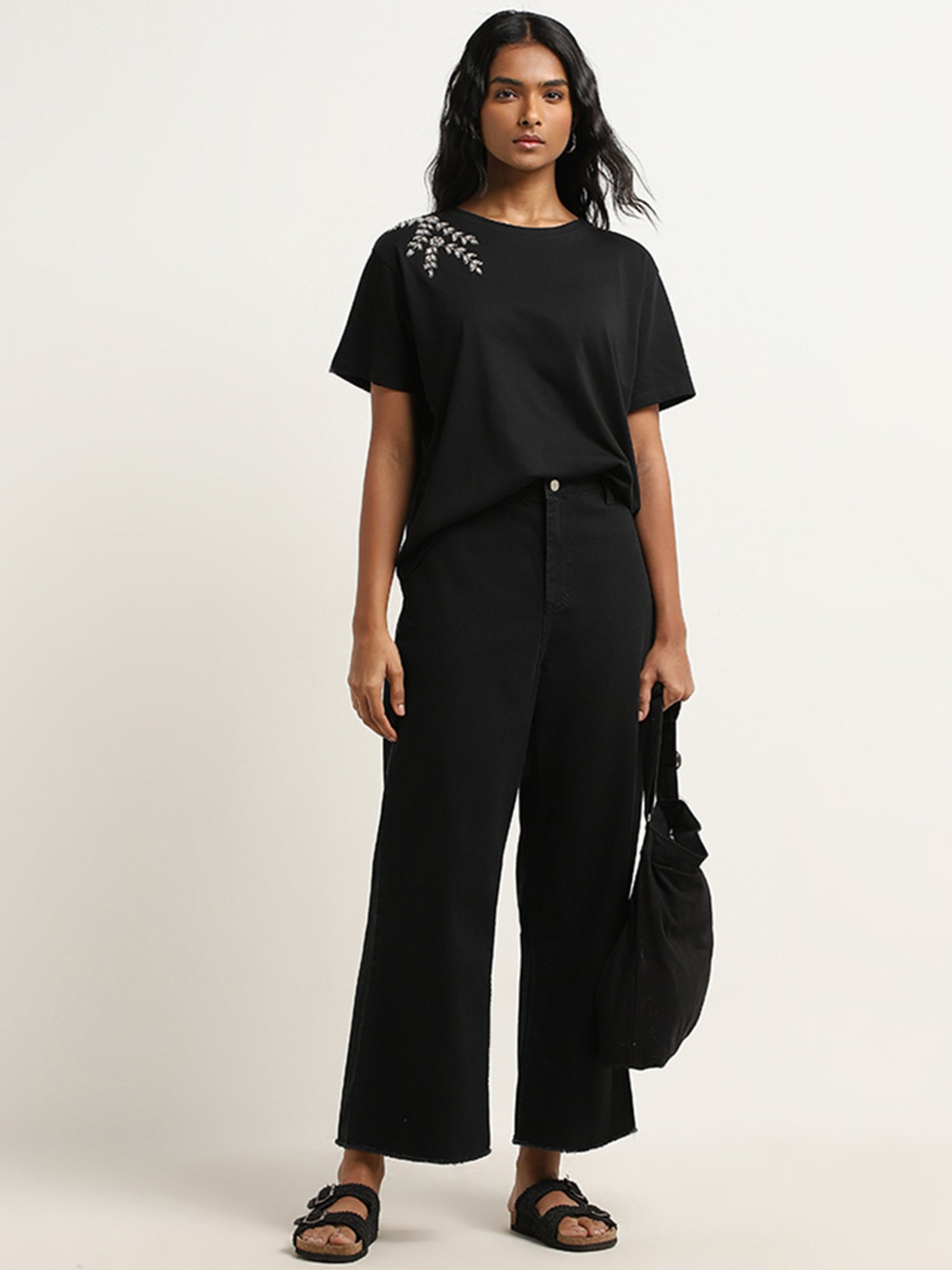 LOV by Westside Black Leaf Embellished Cotton T-Shirt