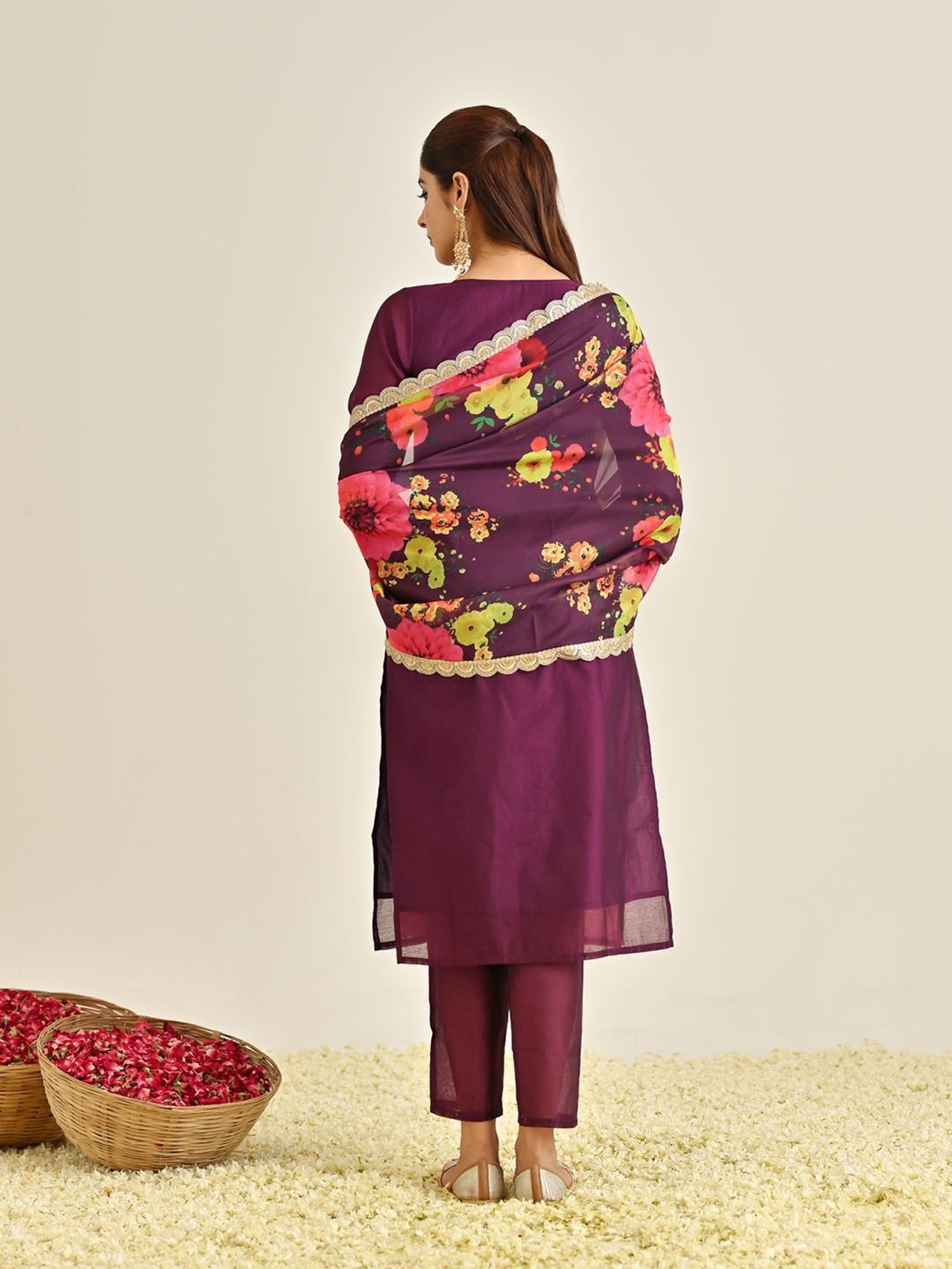 Rustorange Purple Embroidered Kurta With Pant & Dupatta
