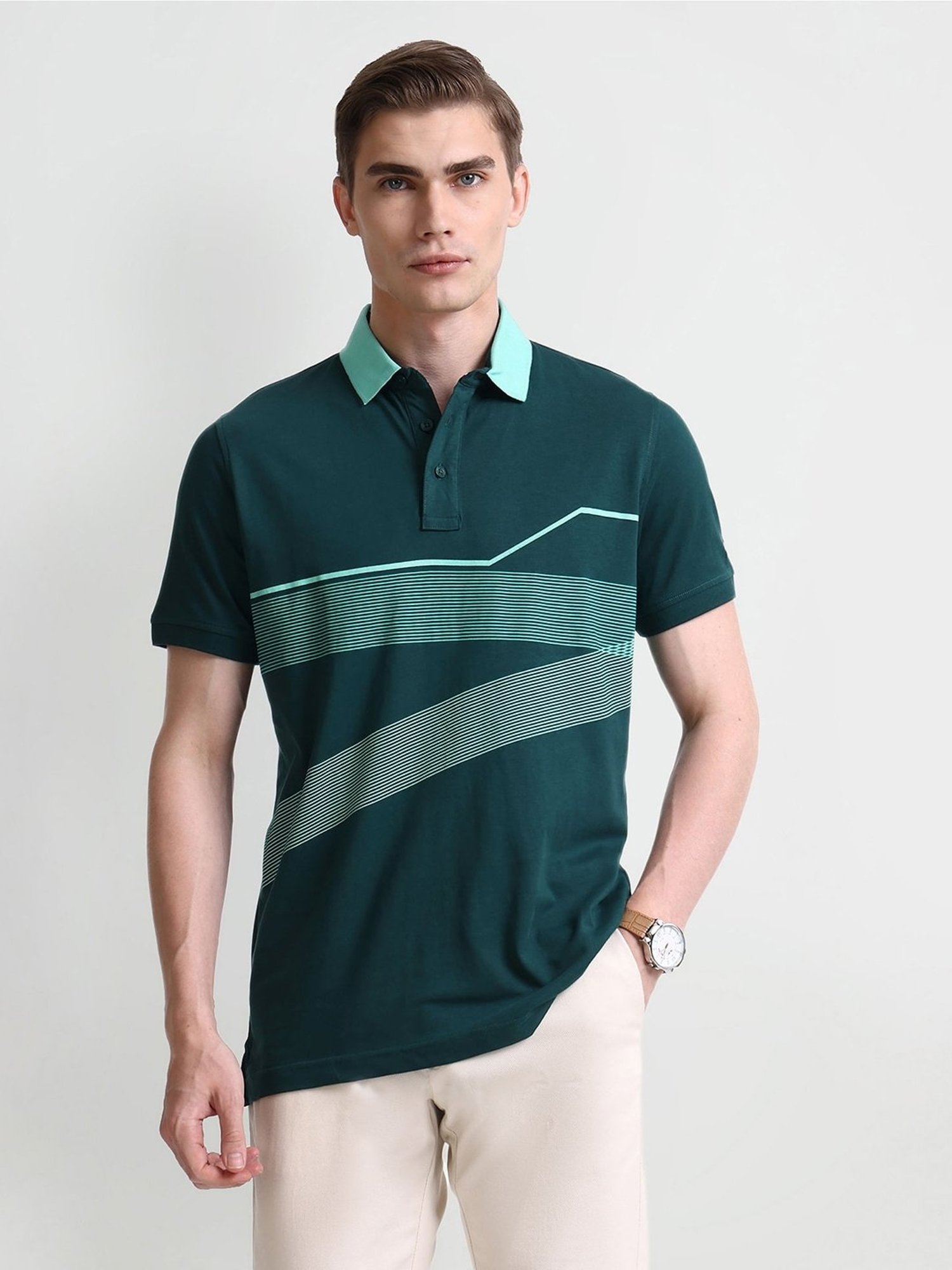 Arrow Green Cotton Regular fit Stripes Polo T-Shirt