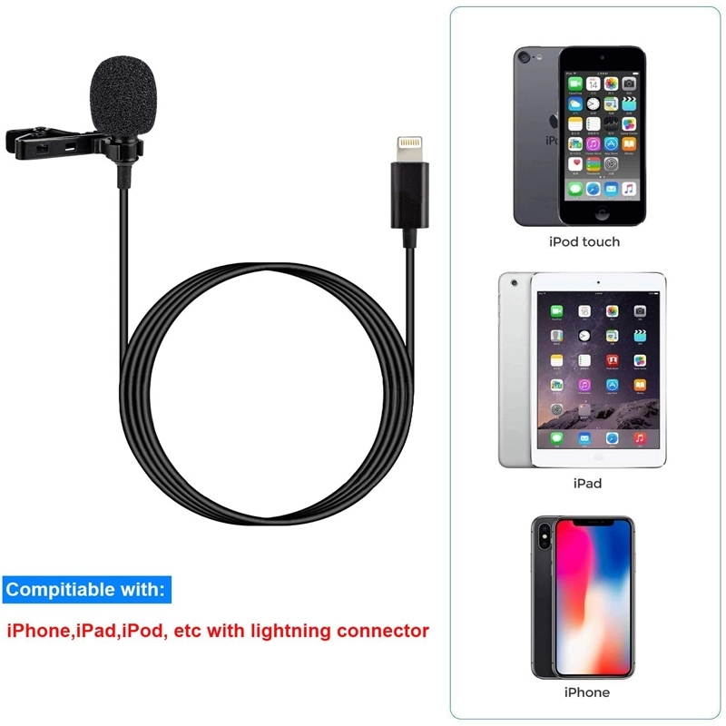 for iPhone Microphone Lavalier Lightning Mini Small Collar Clip on Lapel Mic Wired Condenser Microphone for iPhone 7 X XR 11