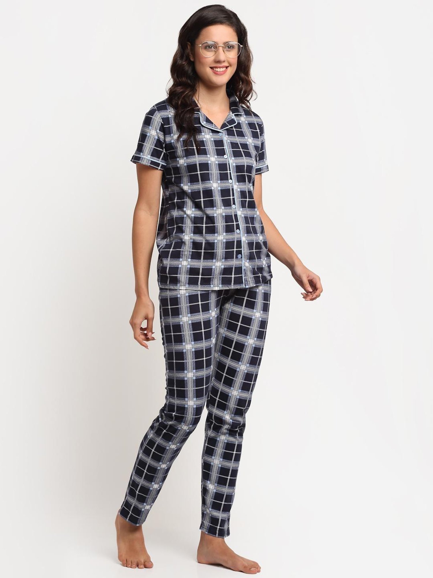 Kanvin Navy Checks Pajama Set