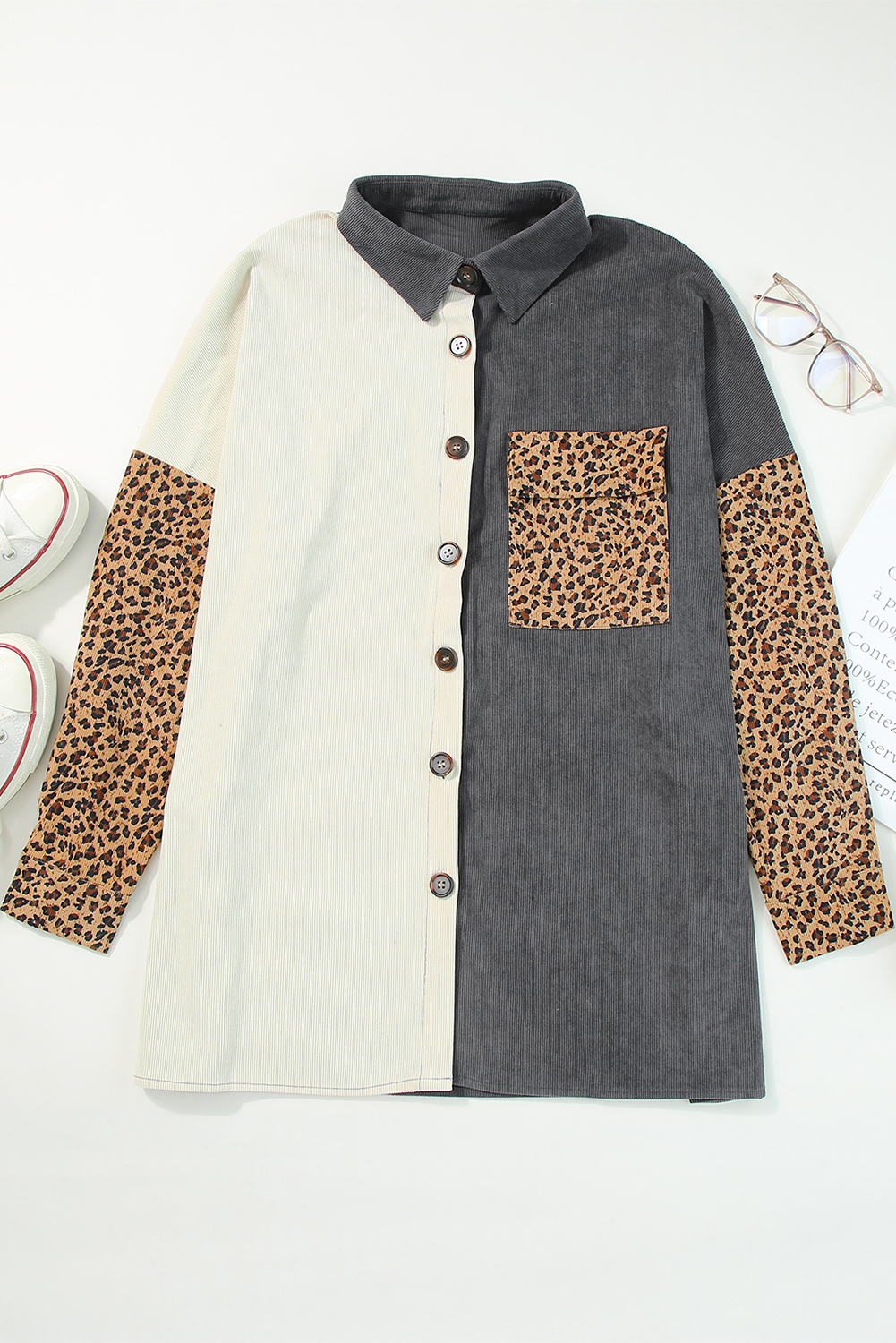 Gray Color Block Leopard Patchwork Casual Corduroy Shacket