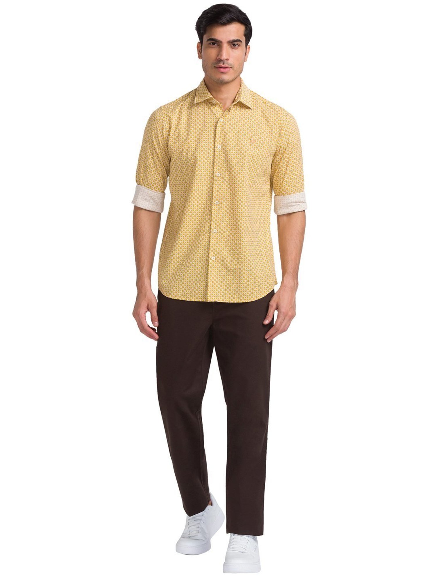 ColorPlus Yellow Pure Cotton Tailored Fit Printed Shirt