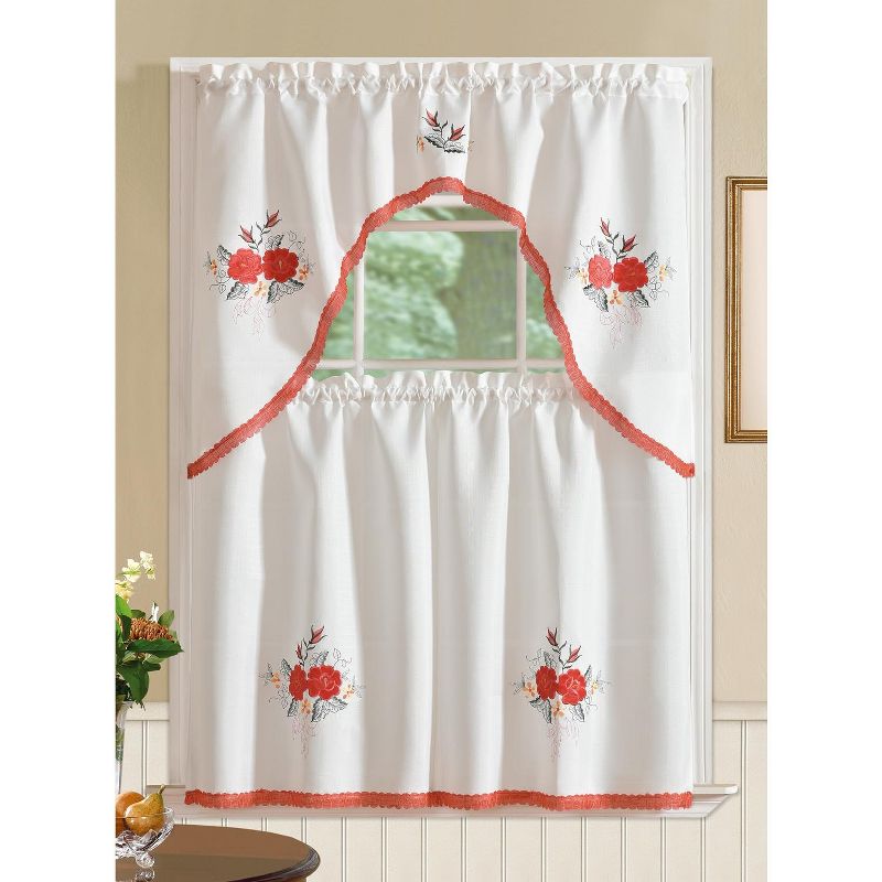 Ramallah Trading Regal Embroidered Flower Kitchen Curtain Set - 60 x 36, Red