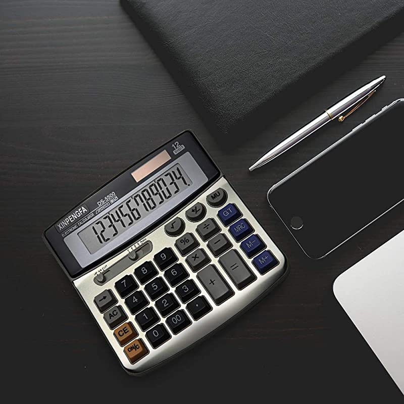 Office Calculator, Solar and Battery Dual Power, Metal Surface 12 Digit Calculators Large Display Big LCD,and Large Button