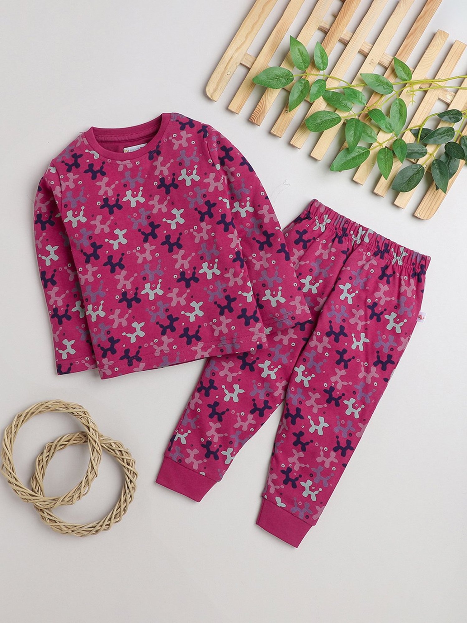 Bumzee Girls Pink Printed Full Sleeves T-Shirt with Pyjamas