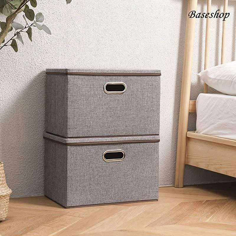 Foldable Storage Bin with Lid 4Pack Linen Fabric Decorative Storage Box Organizer Containers Basket Cube with Handles Divider for Bedroom Closet Office Living Room 177x118x118