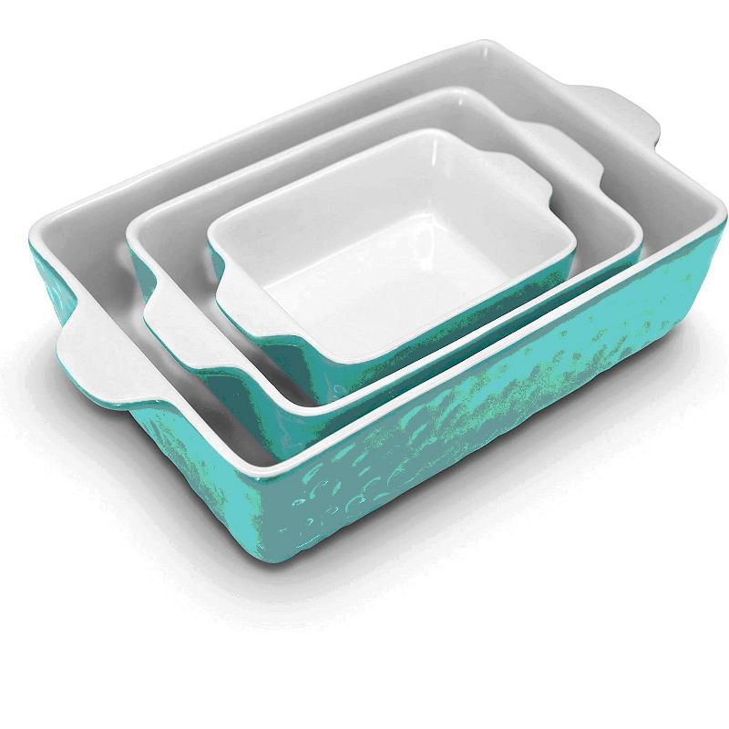 NutriChef NCCREX3 Rectangular Ceramic Stackable 3 Piece Nonstick Stain Resistant Oven and Microwave Safe Kitchen Bakeware Pan Set, Aqua