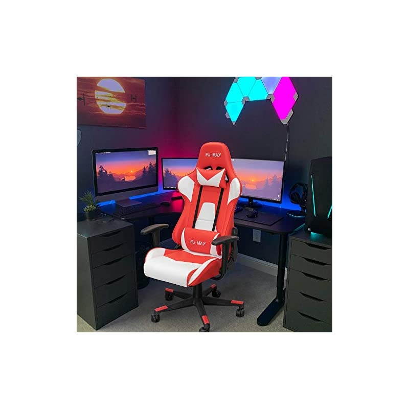 High-Back Gaming Office Chair Ergonomic Racing Style Adjustable Height Executive Computer Chair,PU Leather Swivel Desk Chair (White/Red)