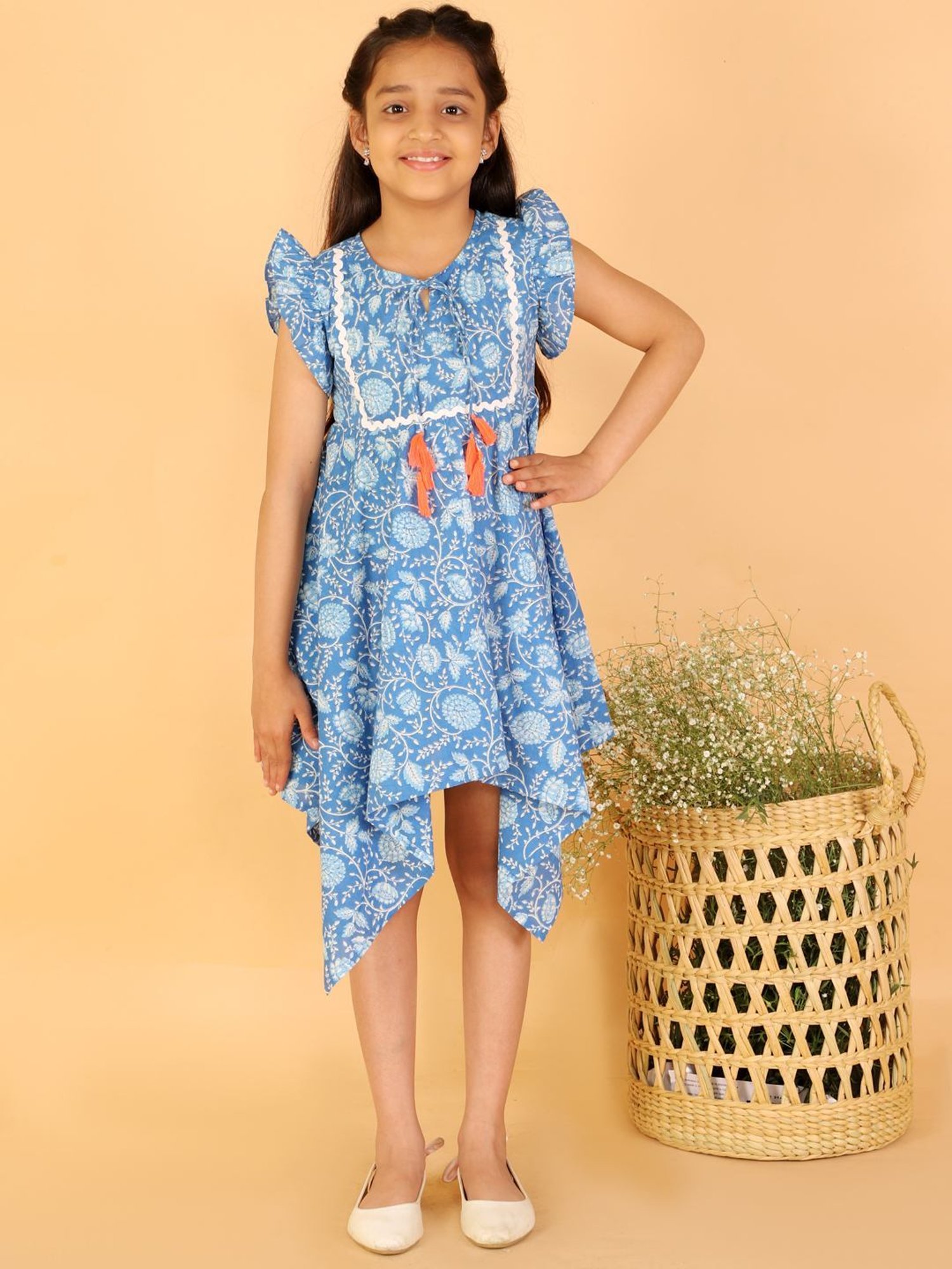 Lil Drama Kids Blue Cotton Floral Print Dress