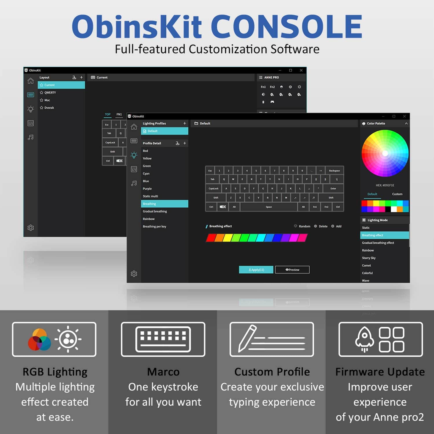 CUUWE ANNE PRO 2, 60% Wired/Wireless Mechanical Keyboard  - Full Keys Programmable - True RGB Backlit - Tap Arrow Keys - Double Shot PBT Keycaps - NKRO - 1900mAh Battery