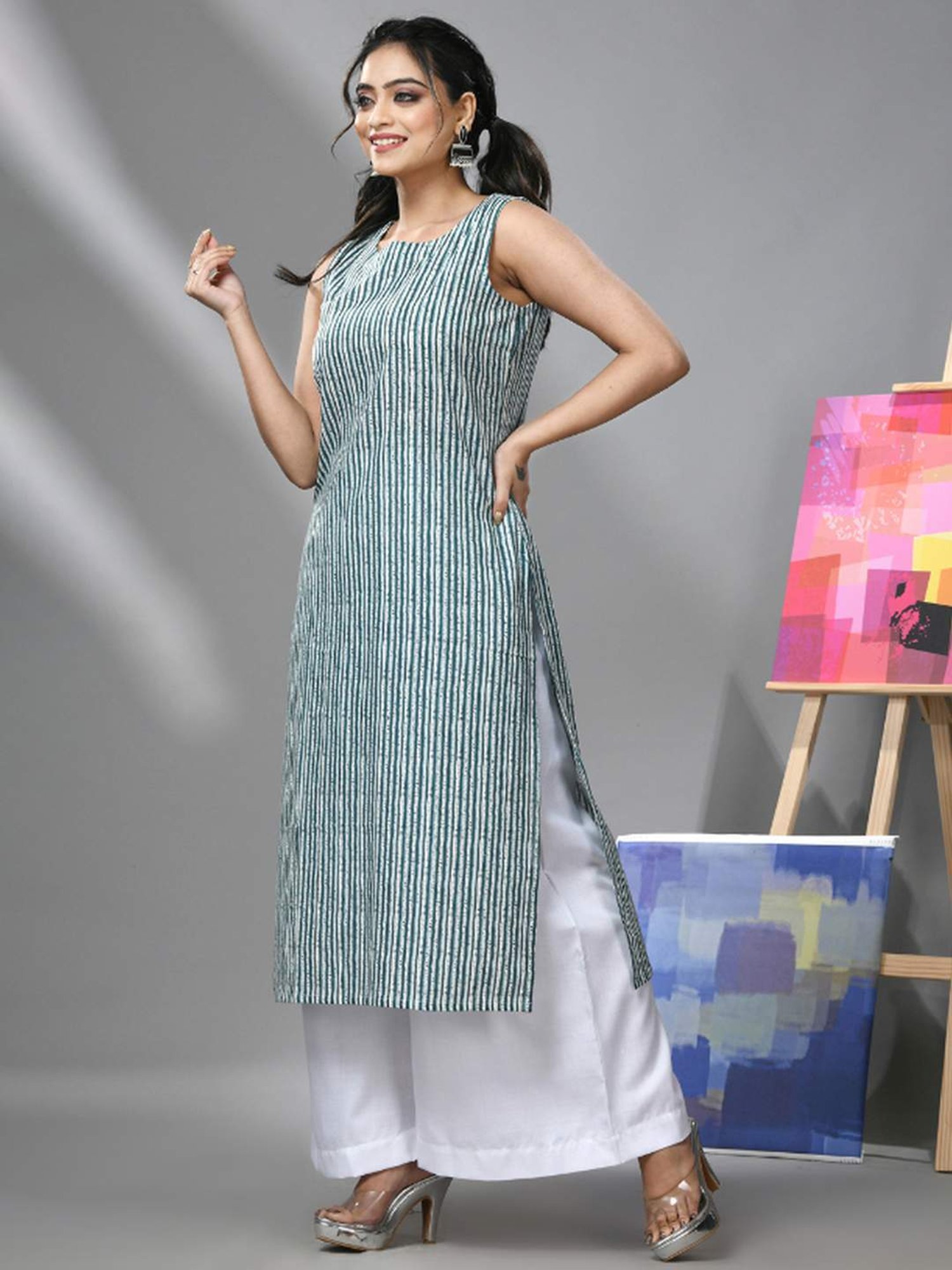 CHARUKRITI Blue & White Cotton Printed Kurta Palazzo Set