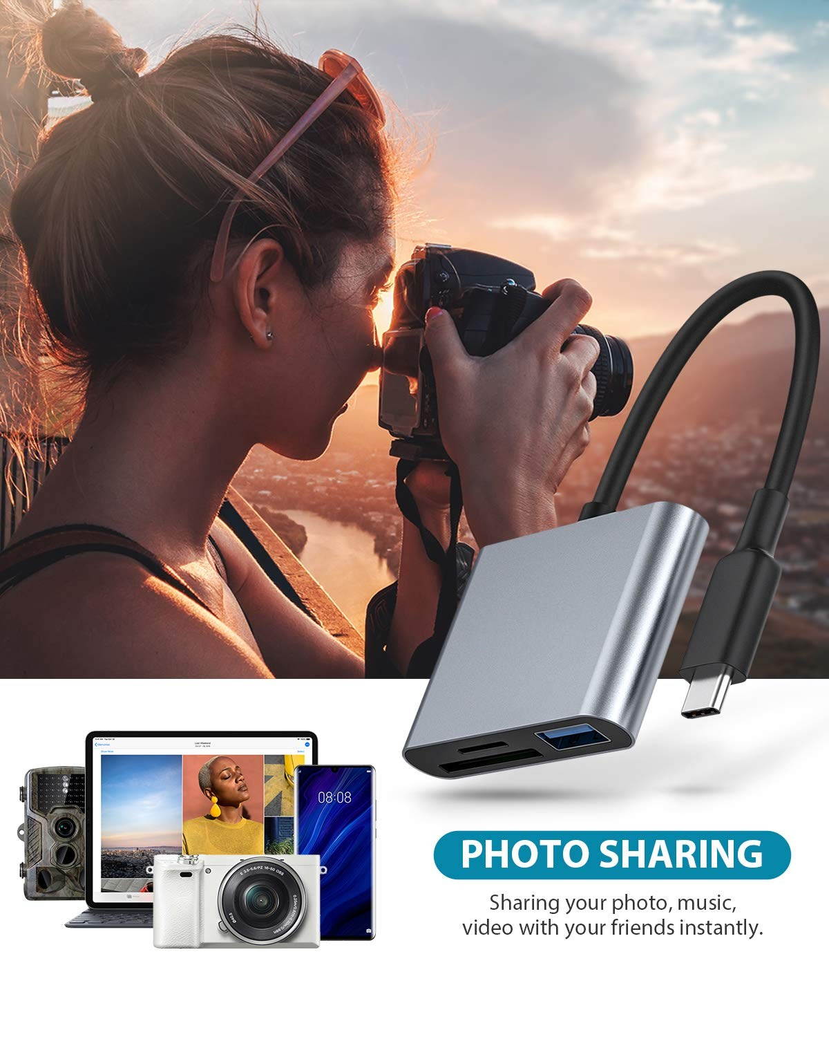 USB C to SD/MicroSD Card Reader, Nurbenn USB Type C[Thunderbolt 3] SD Adapter Compatible for MacBook Pro, MacBook,MacBook Air/iPad Pro 2018, Samsung Galaxy S10/S9/S8, Surface Book 2 and More - Gray