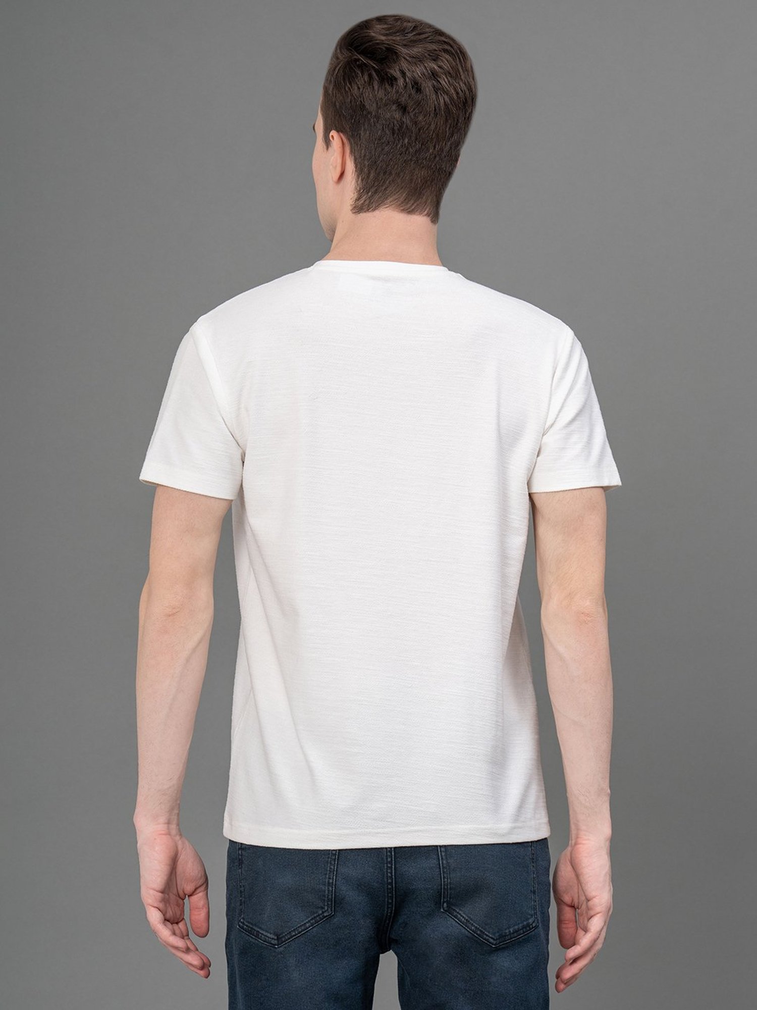 Red Tape White Regular Fit Self Design Crew T-Shirt