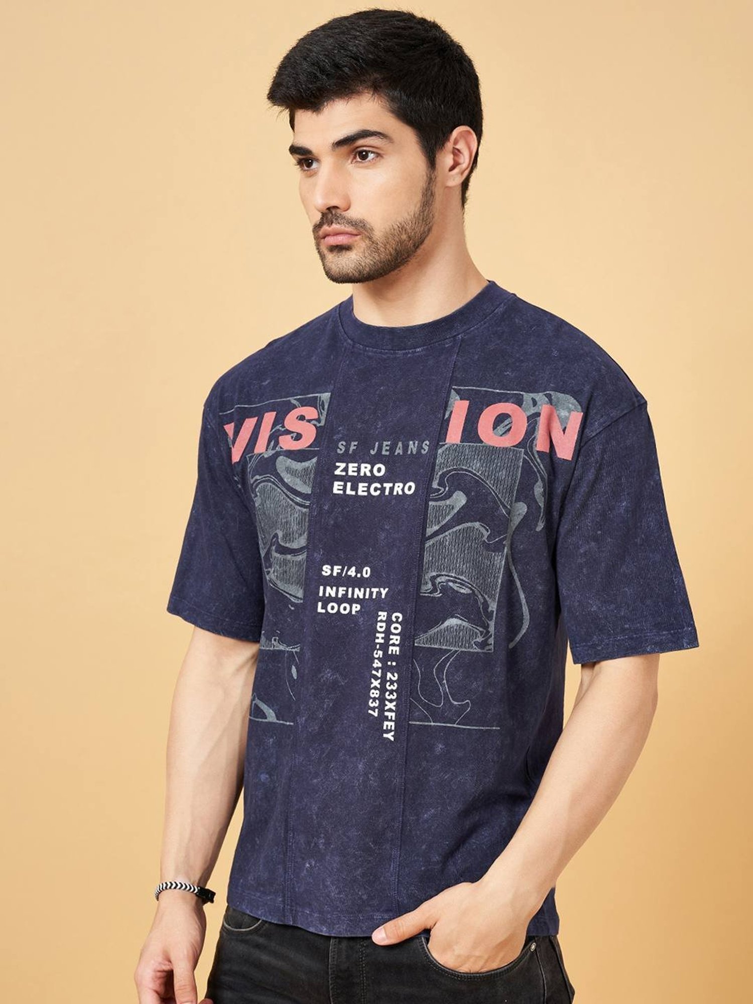 Sf Jeans By Pantaloons Faded Denim Cotton Regular Fit Printed T-Shirt