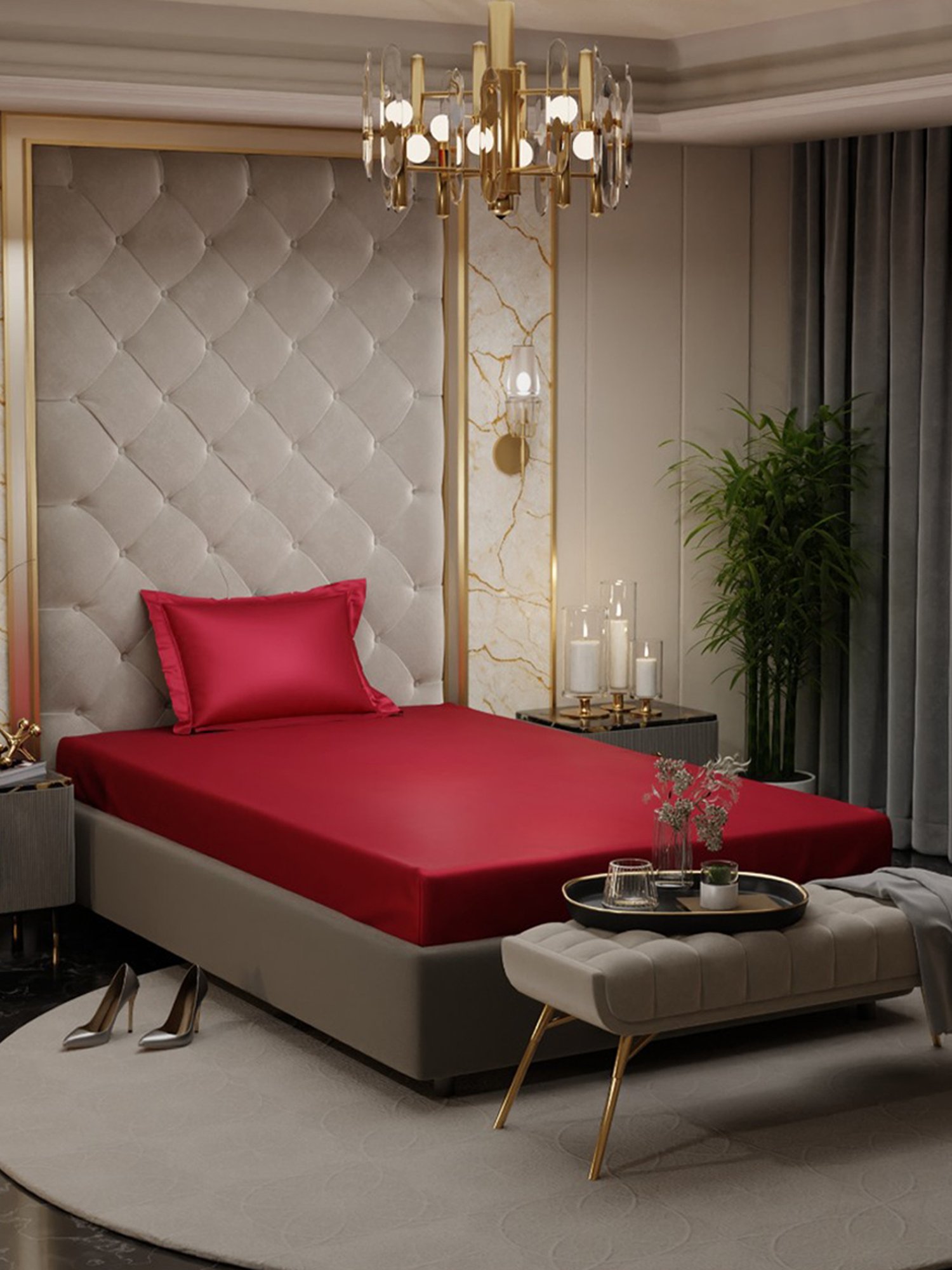 Stoa Paris Red 300 TC Polyester Single Fitted Sheet with 1 Pillow Cover