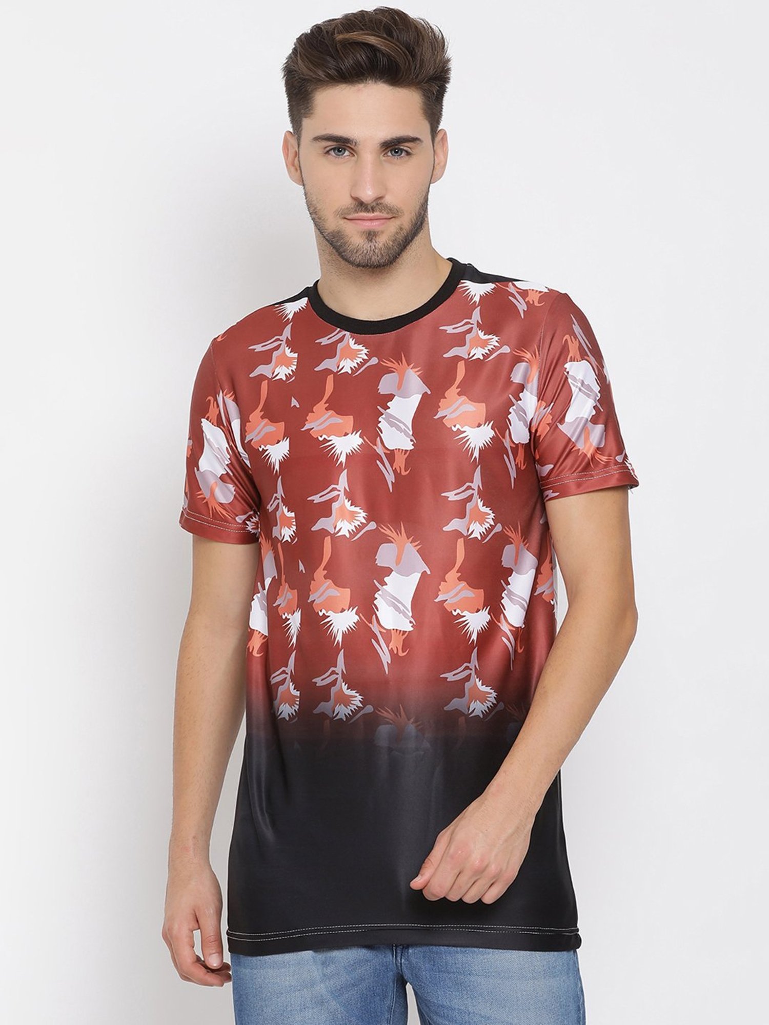 Hangup Plus Rust & Black Regular Fit Printed Crew T-Shirt