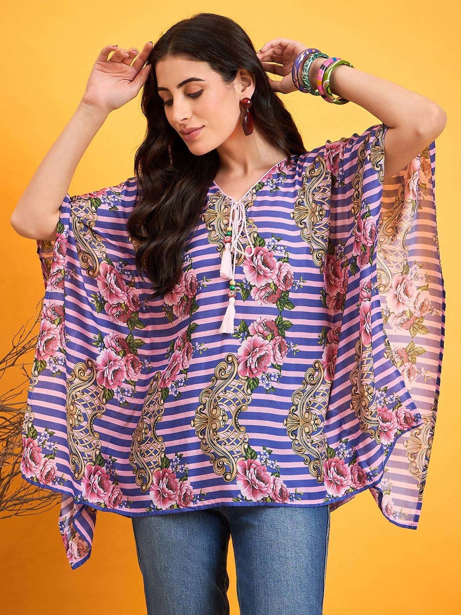 The Kaftan Company Blue Cotton Striped Kaftan Top