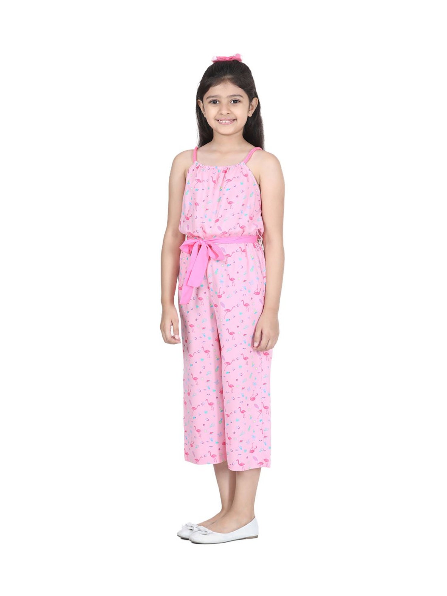 StyleStone Kids Pink Printed Jumpsuit with Belt