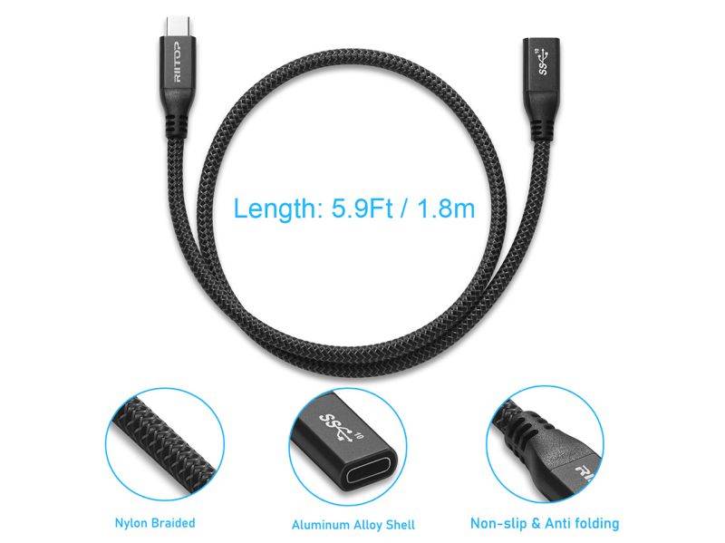 USB C Extension Cable 6ft, RIITOP USB Type-C Male to Female (Gen2 10Gbps) Cord Support Charging & Data for Nintendo Switch, MacBook Pro, Dell XPS