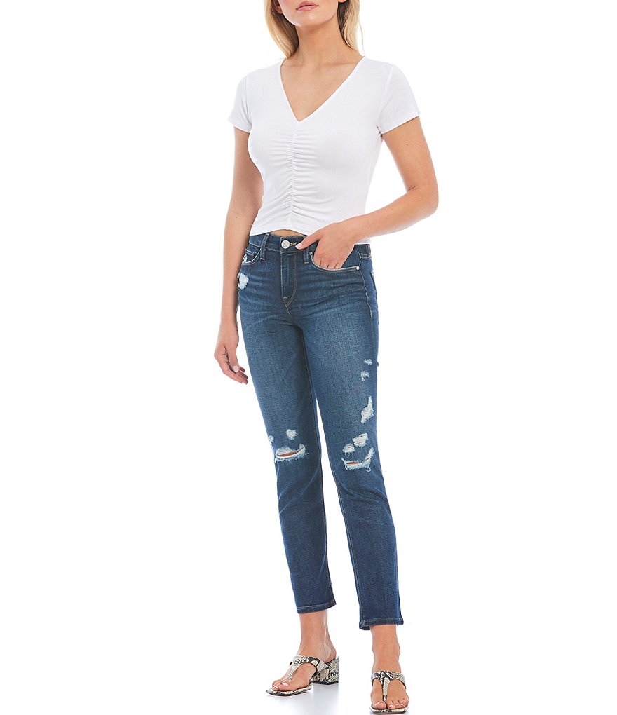 Hudson Jeans Nico Mid Rise Destruction Detail Straight Leg Crop Jeans