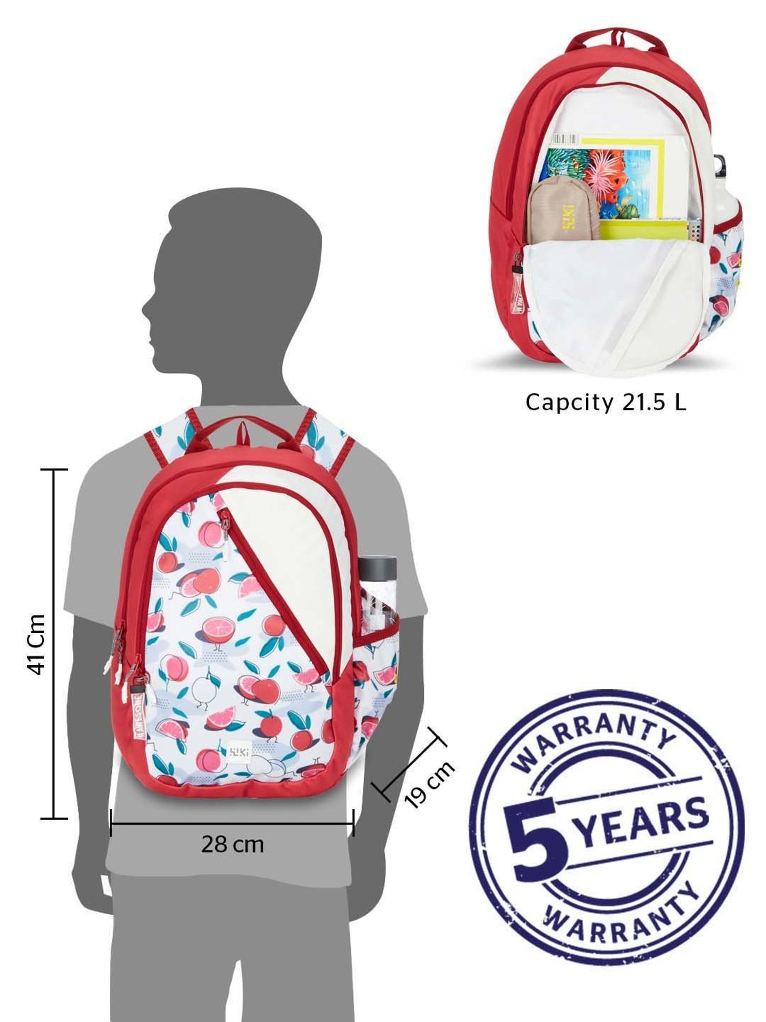Wiki 21.5 Ltrs Red & White Medium Backpack