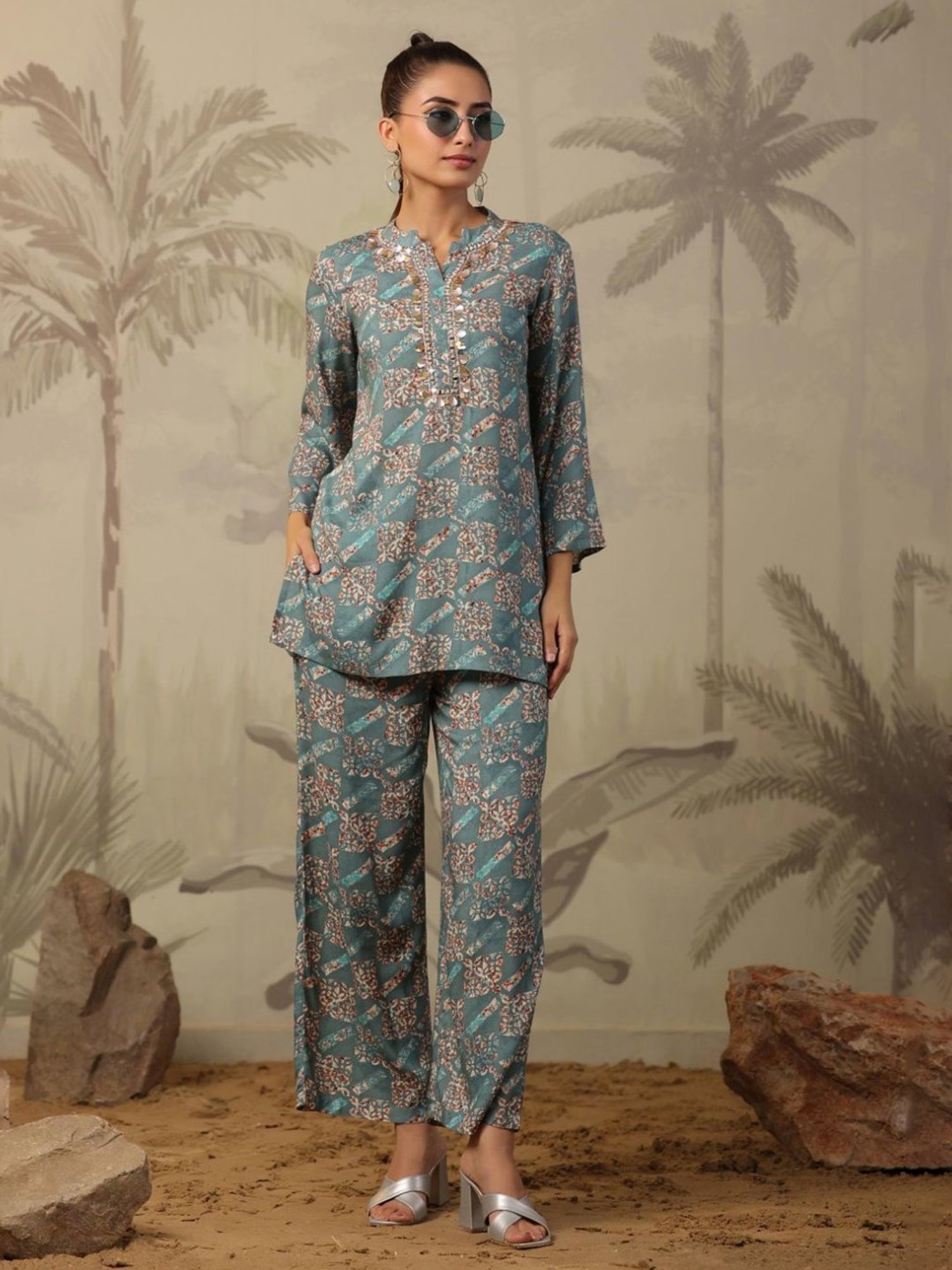 Artagai Midnight Navy Elevated Basics Co-Ord Set With Notch Collar Top And Straight Pants