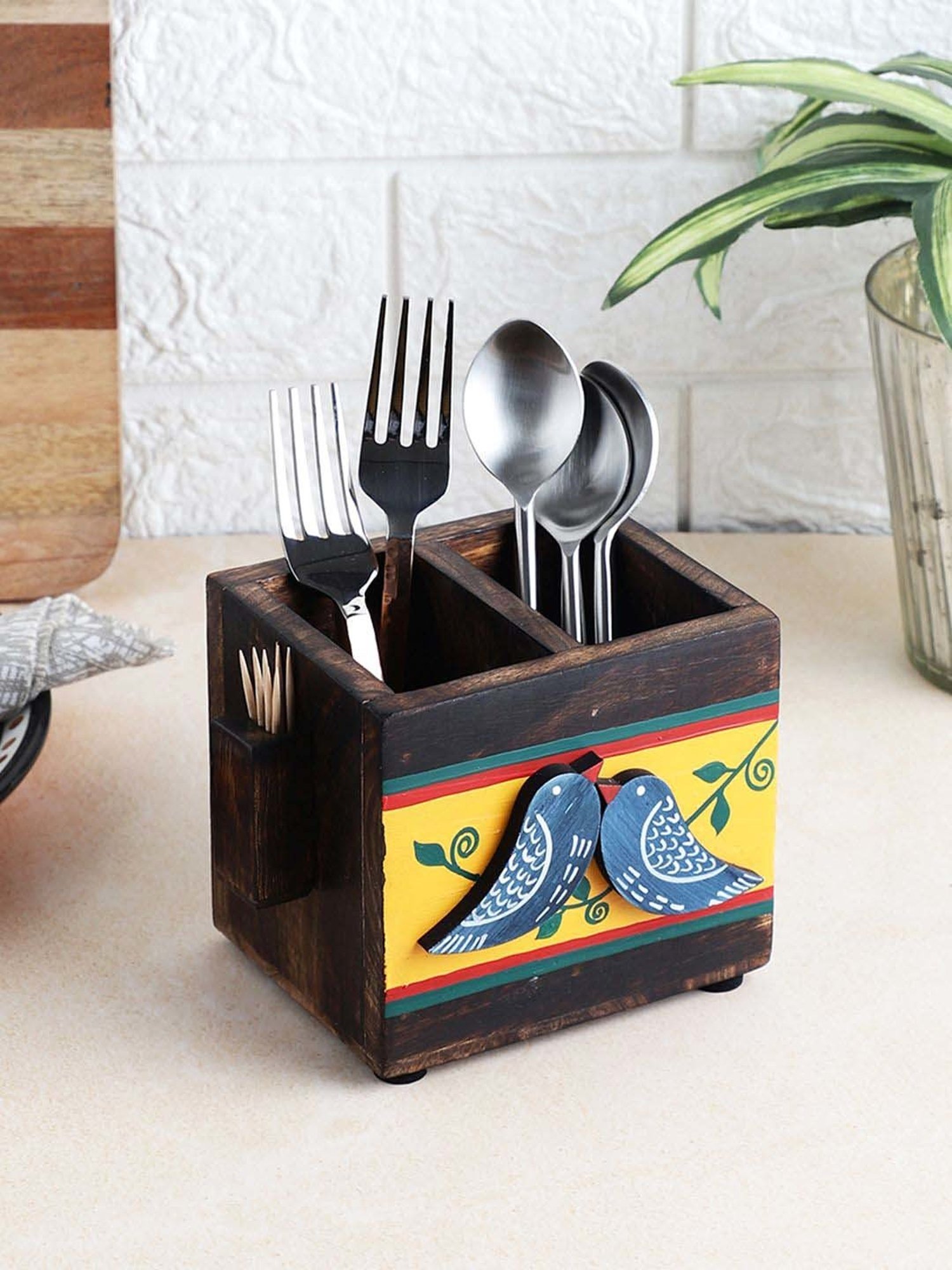 VarEesha Neel Brown & Yellow Mango Wood Cutlery Holder