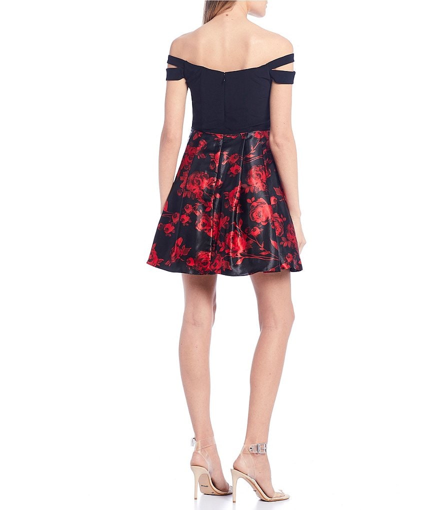 Blondie Nites Off-the-Shoulder Double Strap Floral Print Skirt Fit-and-Flare Dress