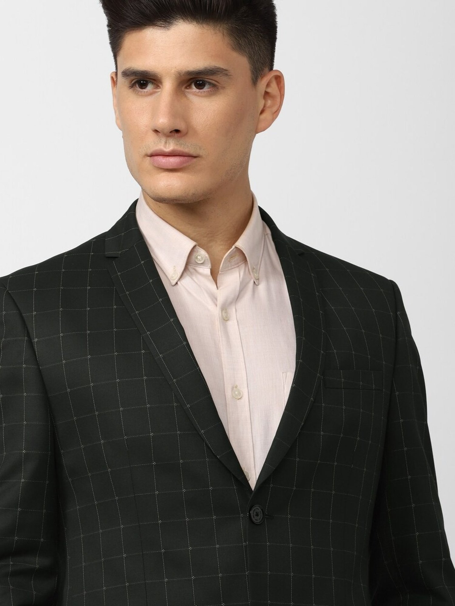 V Dot Black Skinny Fit Checks Blazer