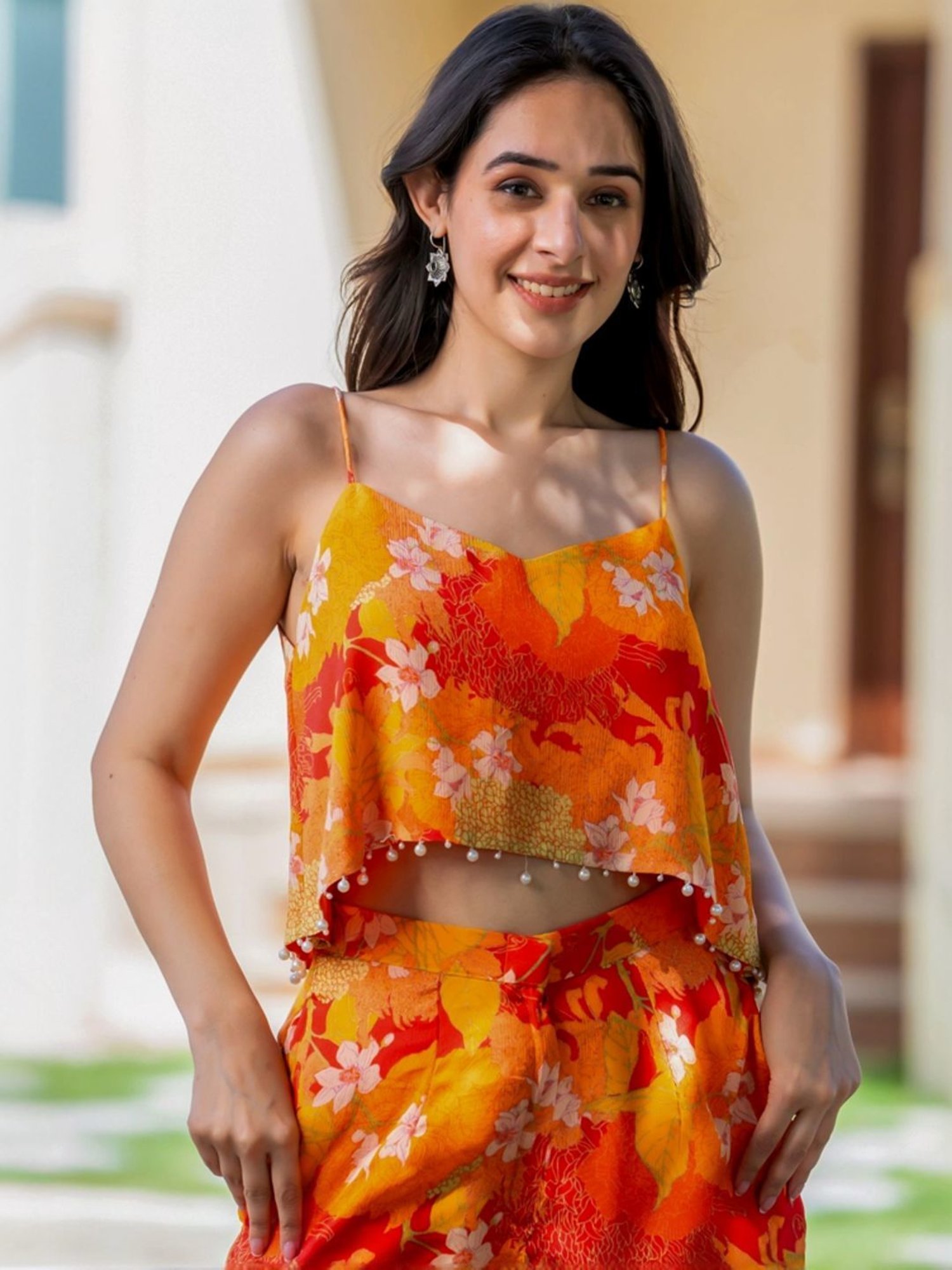 HOUSE OF JAMOTI Yellow & Orange Printed Crop Top Palazzo Set