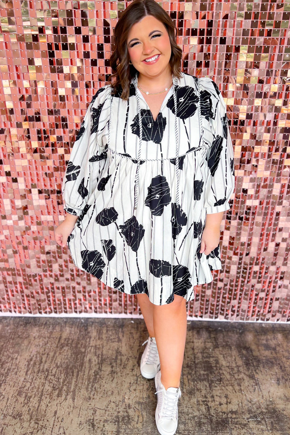 Black Leopard Patchwork Split Neck Ruffle Plus Size Dress