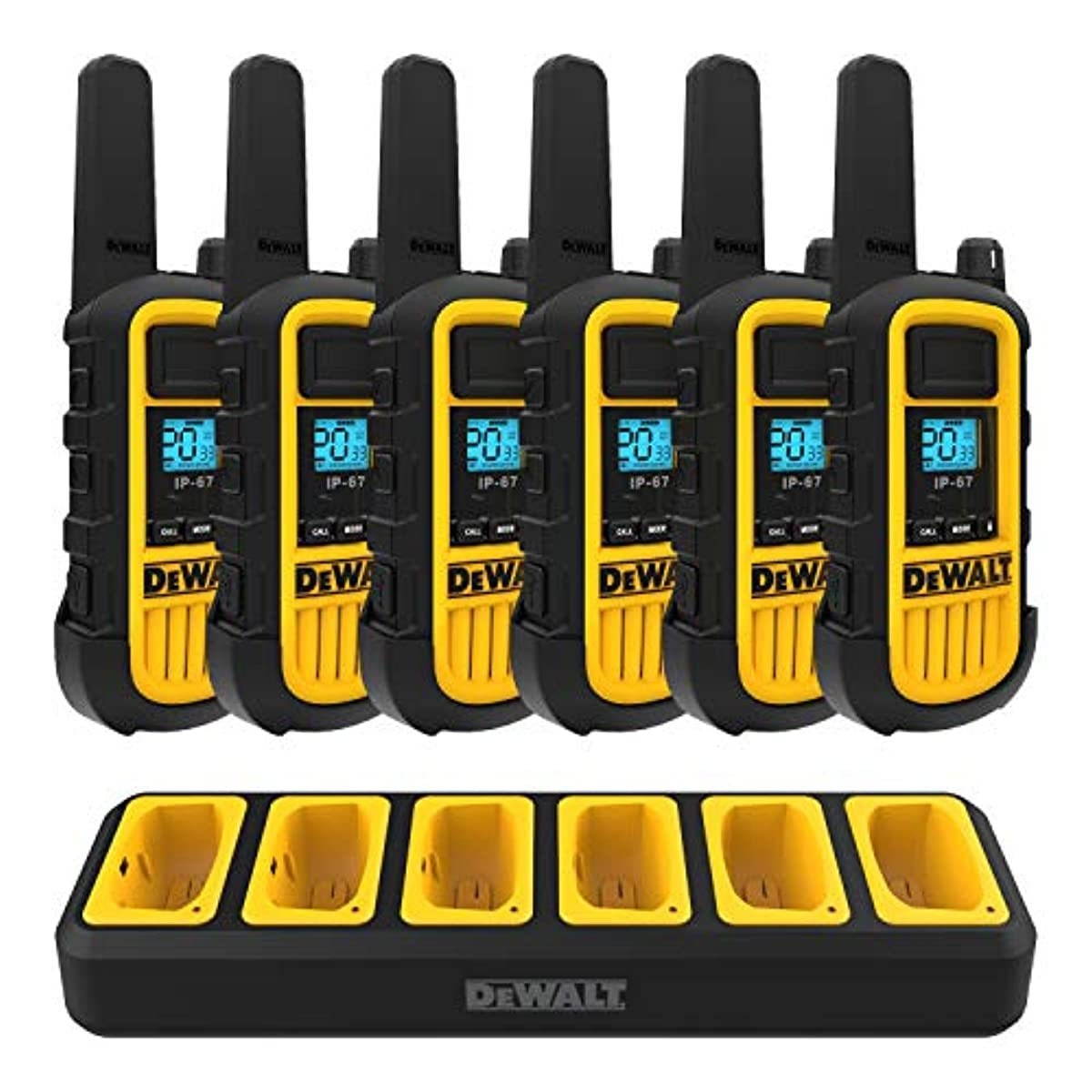 DEWALT DXFRS800 2 Watt Heavy Duty Walkie Talkies - Two-Way Radio with VOX (6 Pack w/Gang Charger) & DXFRSSV1 Headset for DXFRS300 and DXFRS800 Walkie Talkie Two-Way Radios, 2.5mm Earphone Jack