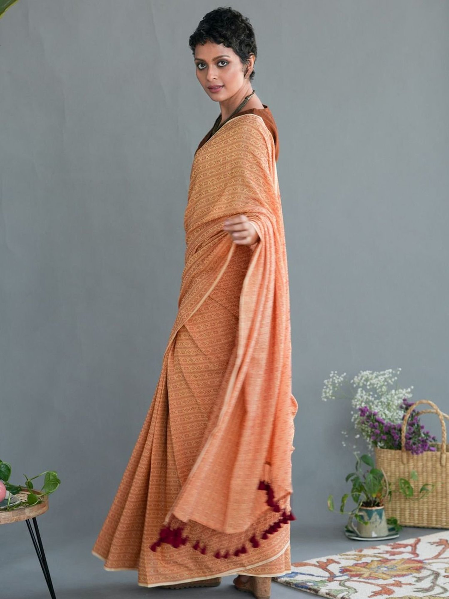 Suta Orange Woven Saree Without Blouse