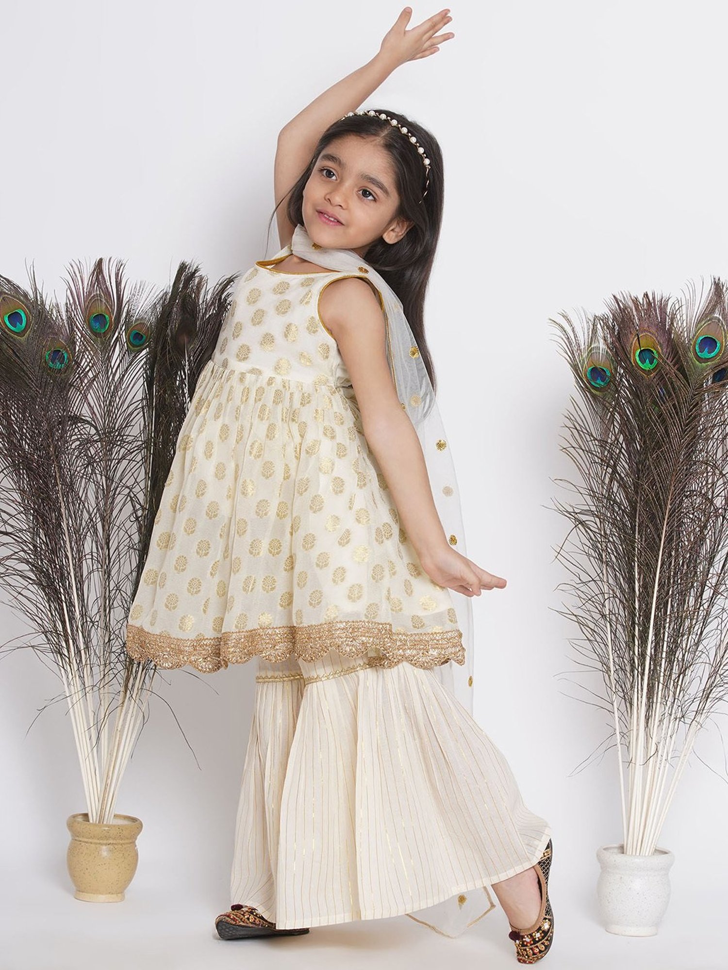 Little Bansi Kids Cream Floral Print  Kurta, Sharara, with Dupatta