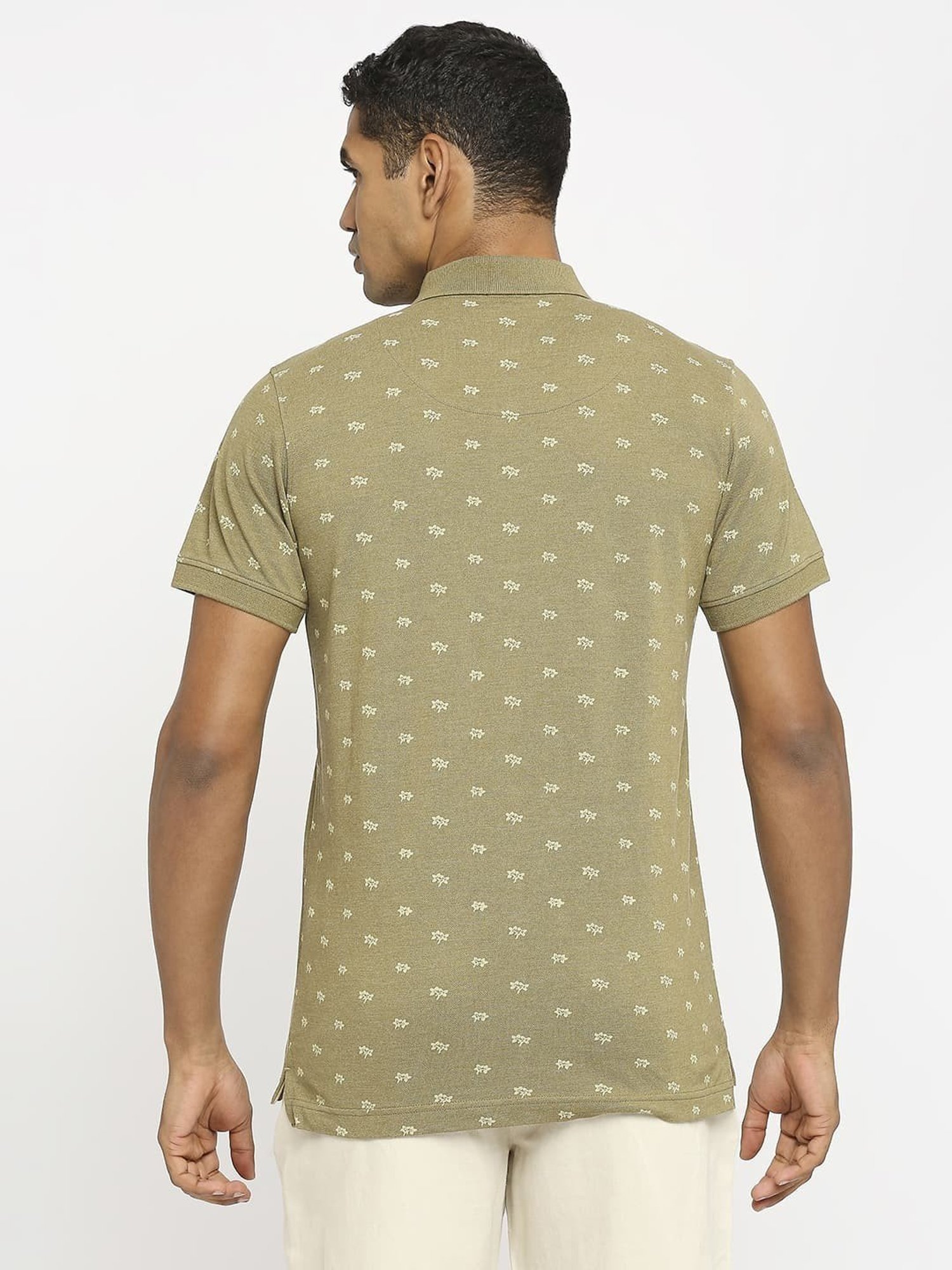 Basics Olive Cotton Muscle Fit Printed Polo T-Shirt
