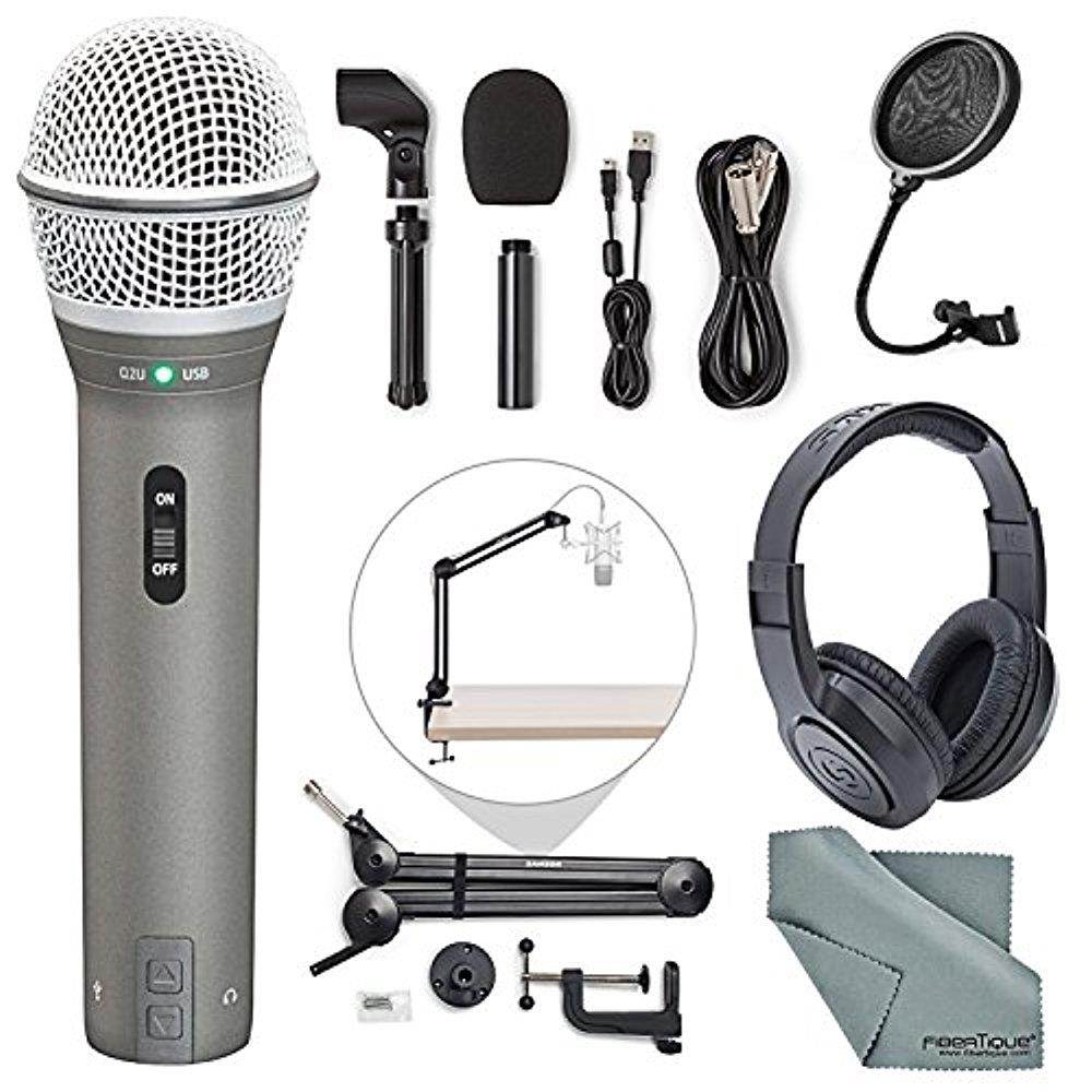 Samson Q2U Dynamic USB Microphone Podcasting Pack and Accessory Bundle with Boom Arm + Headphones + Pop Filter + Fibertique Cloth