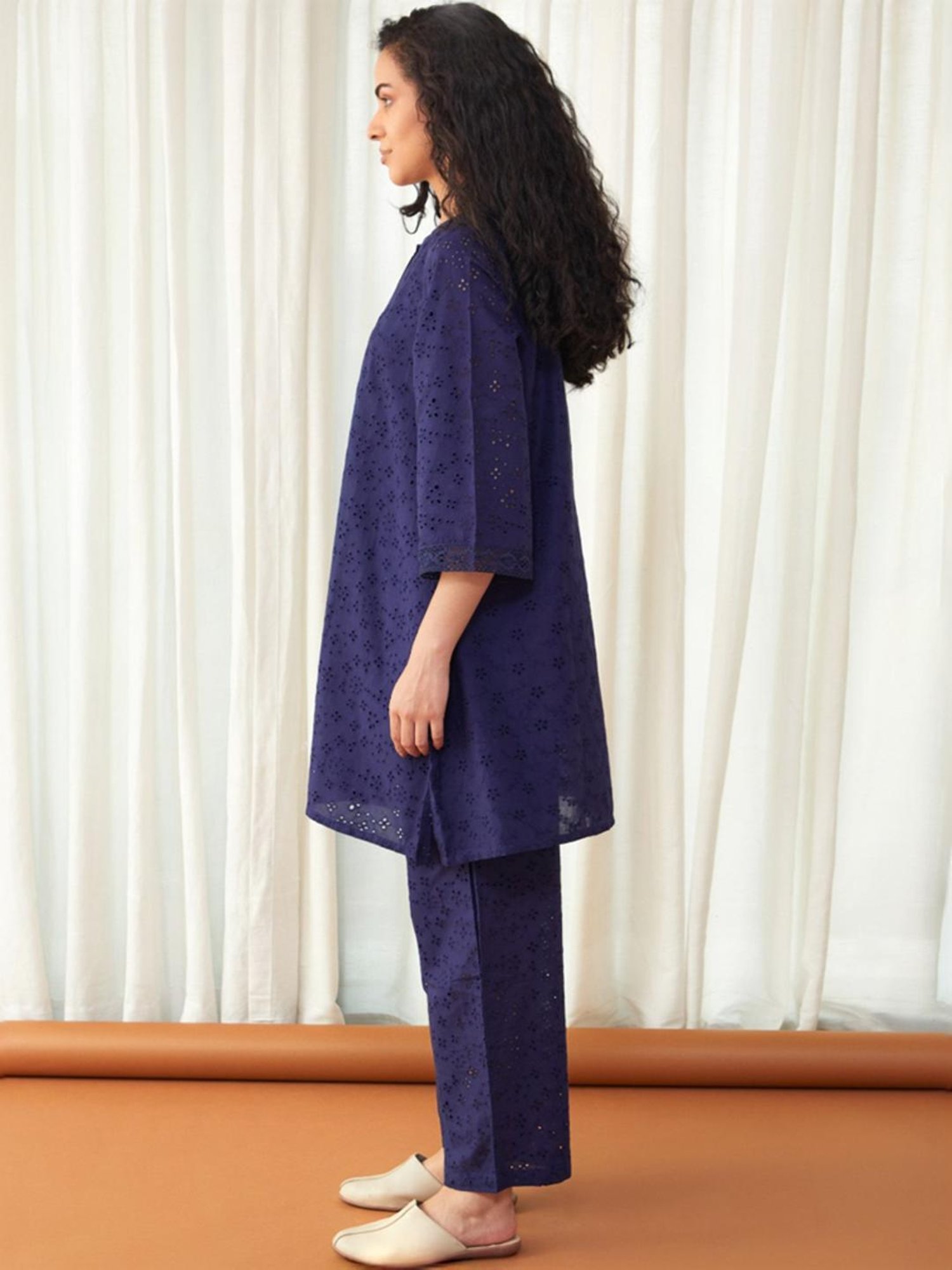 Bombay Bloom Midnight Blue Flared Cutwork Cotton Tunic with Pant Co-ord Set