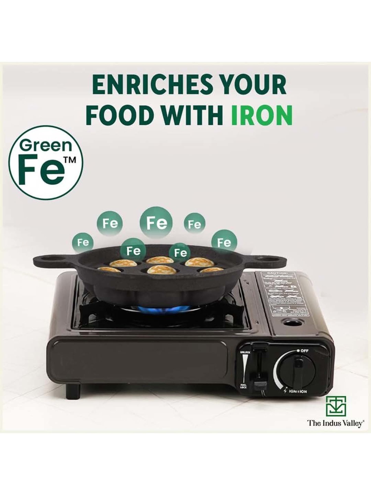 The Indus Valley Black Cast Iron 20.8cm 9-Pit Paniyaram Pan with Free Wooden Picker